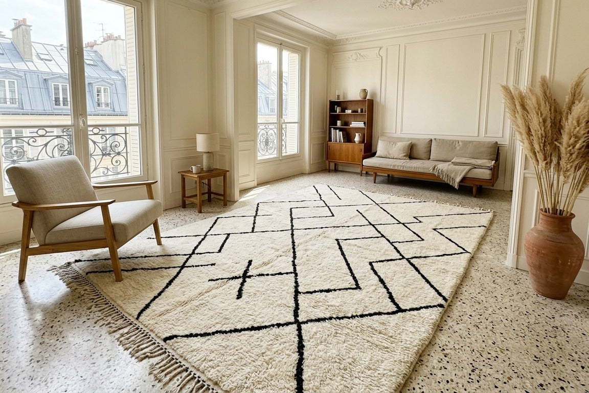 Tapis Beni Ouarain motif grille angulaire dans un appartement parisien lumineux