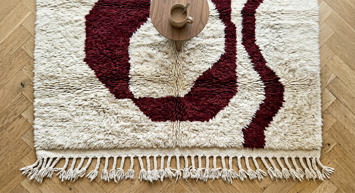 Vue aérienne d'un tapis Mrirt crème et bordeaux épais sur parquet chevron en chêne