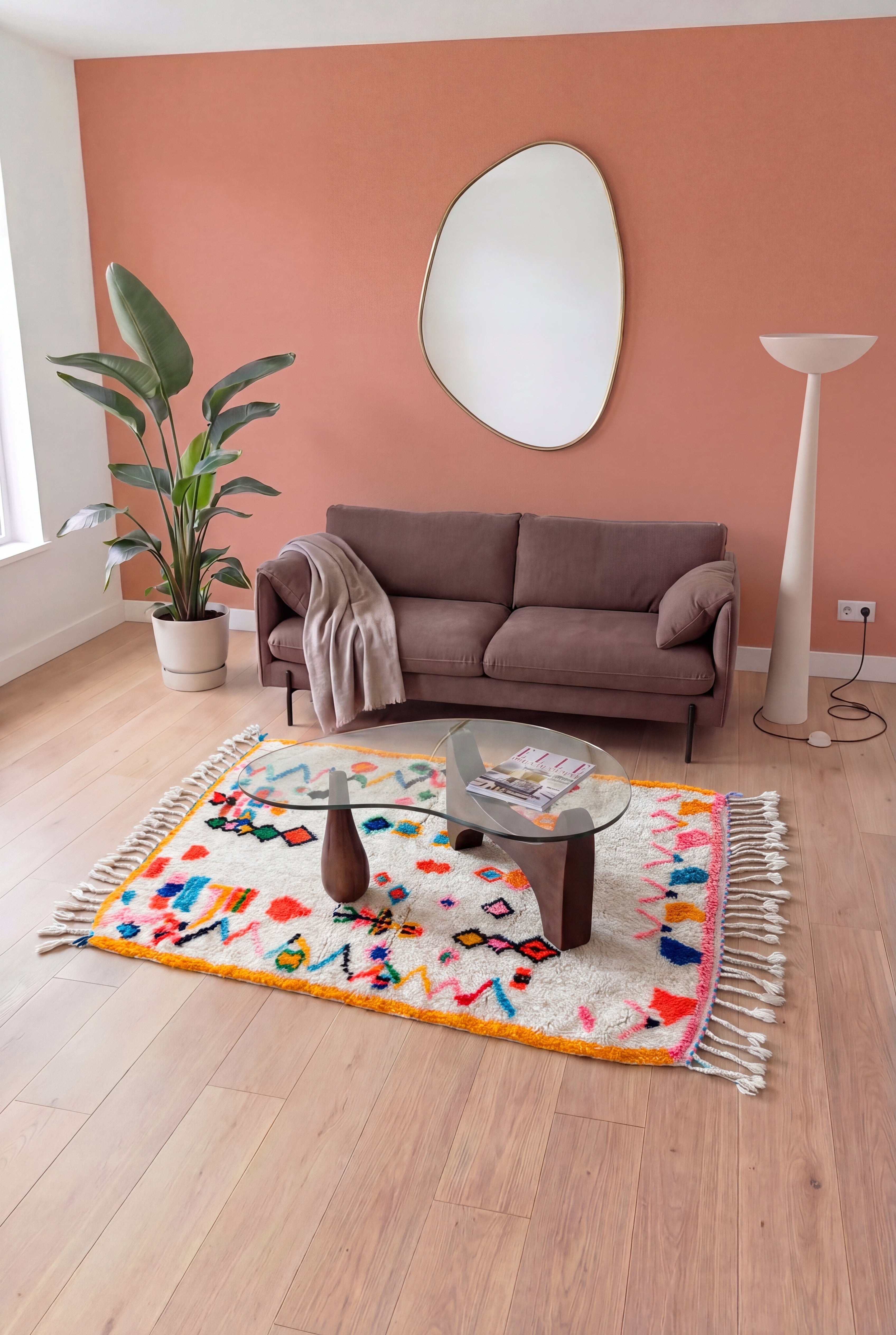 Colorful handmade Azilal Moroccan Berber rug, multicolor wool and cotton, 119x197 cm, n2537 — staged in a contemporary living room | Tamazi
