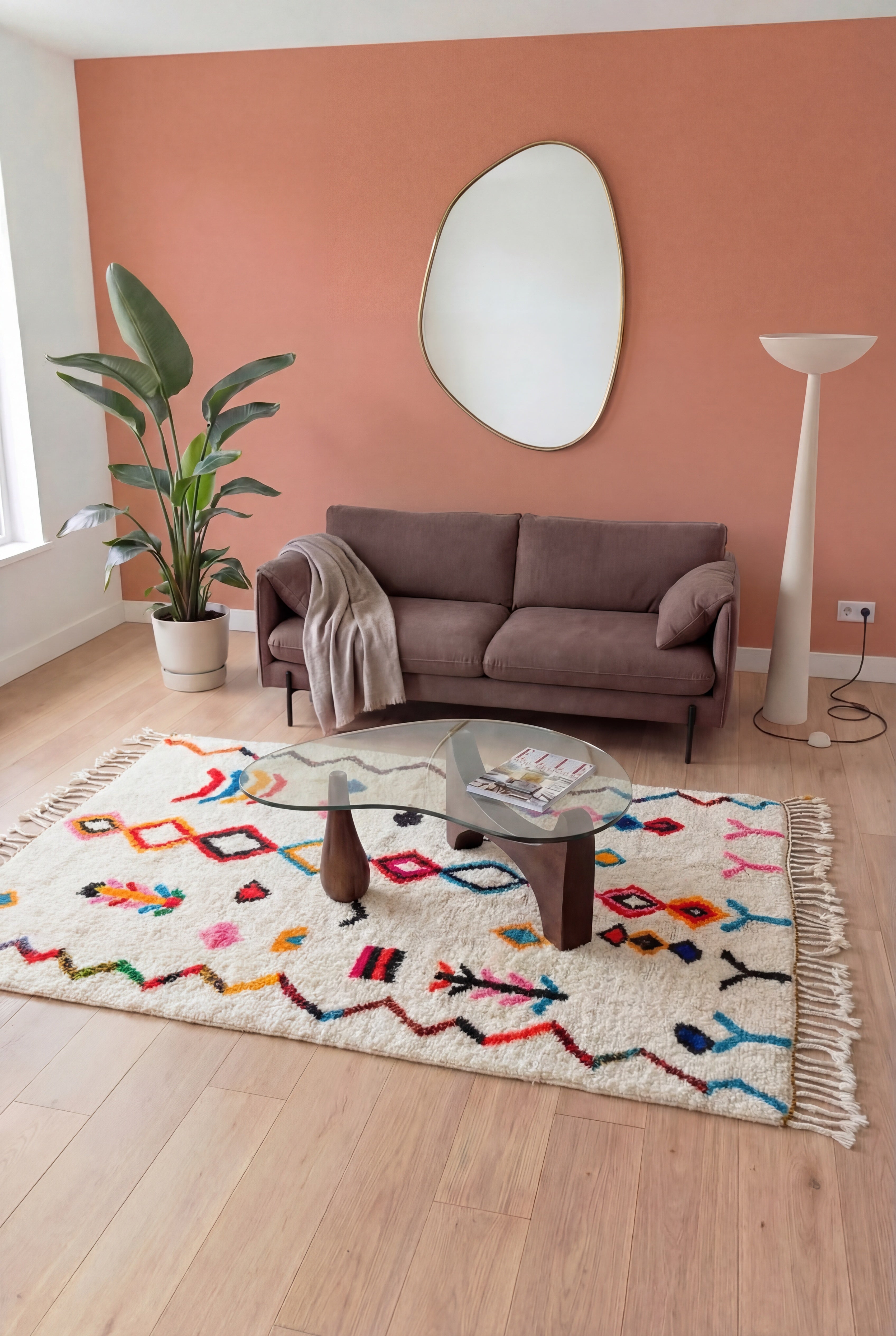 Handgemaakt Marokkaans Azilal berbertapijt gekleurd, wol en katoen multicolor, 181x309 cm, n2258 — gestileerd in een hedendaagse woonkamer | Tamazi
