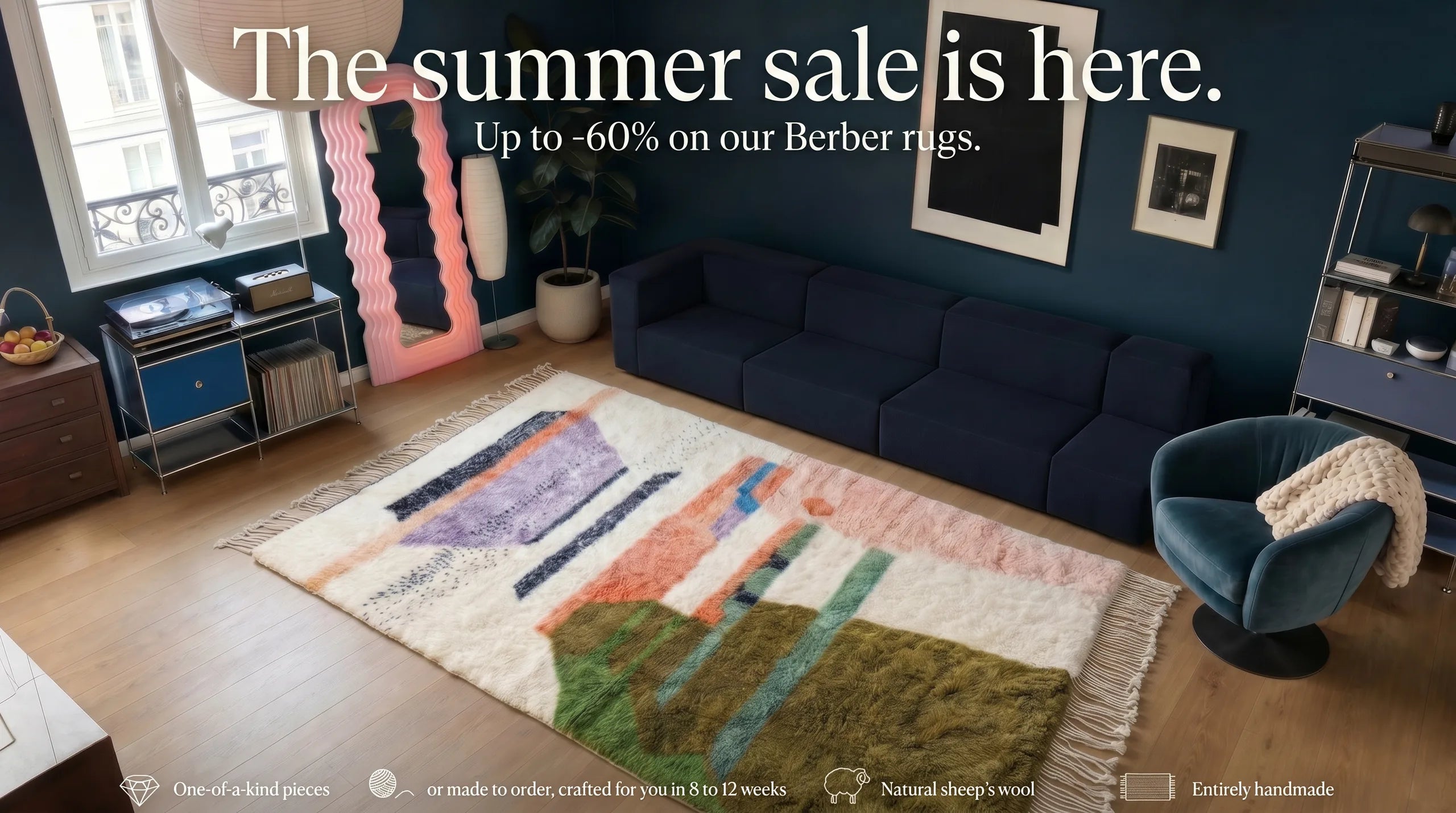 Tamazi summer sale, up to -60% on handmade Berber rugs, M'rirt rug styled in a living room
