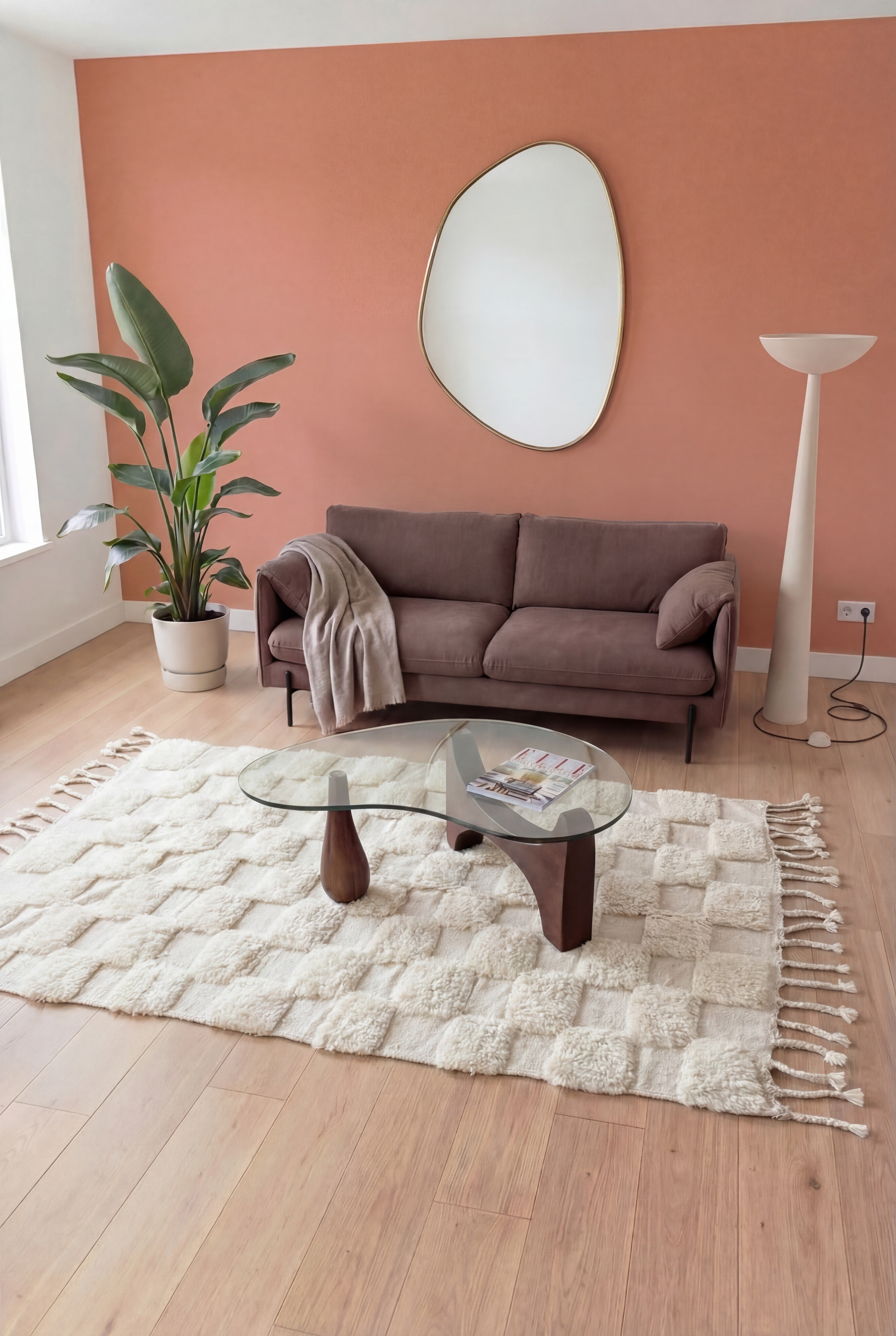 Handgemaakt Marokkaans Beni Ouarain berbertapijt, witte wol, 142x295 cm, n2269 — gestileerd in een eigentijdse woonkamer | Tamazi