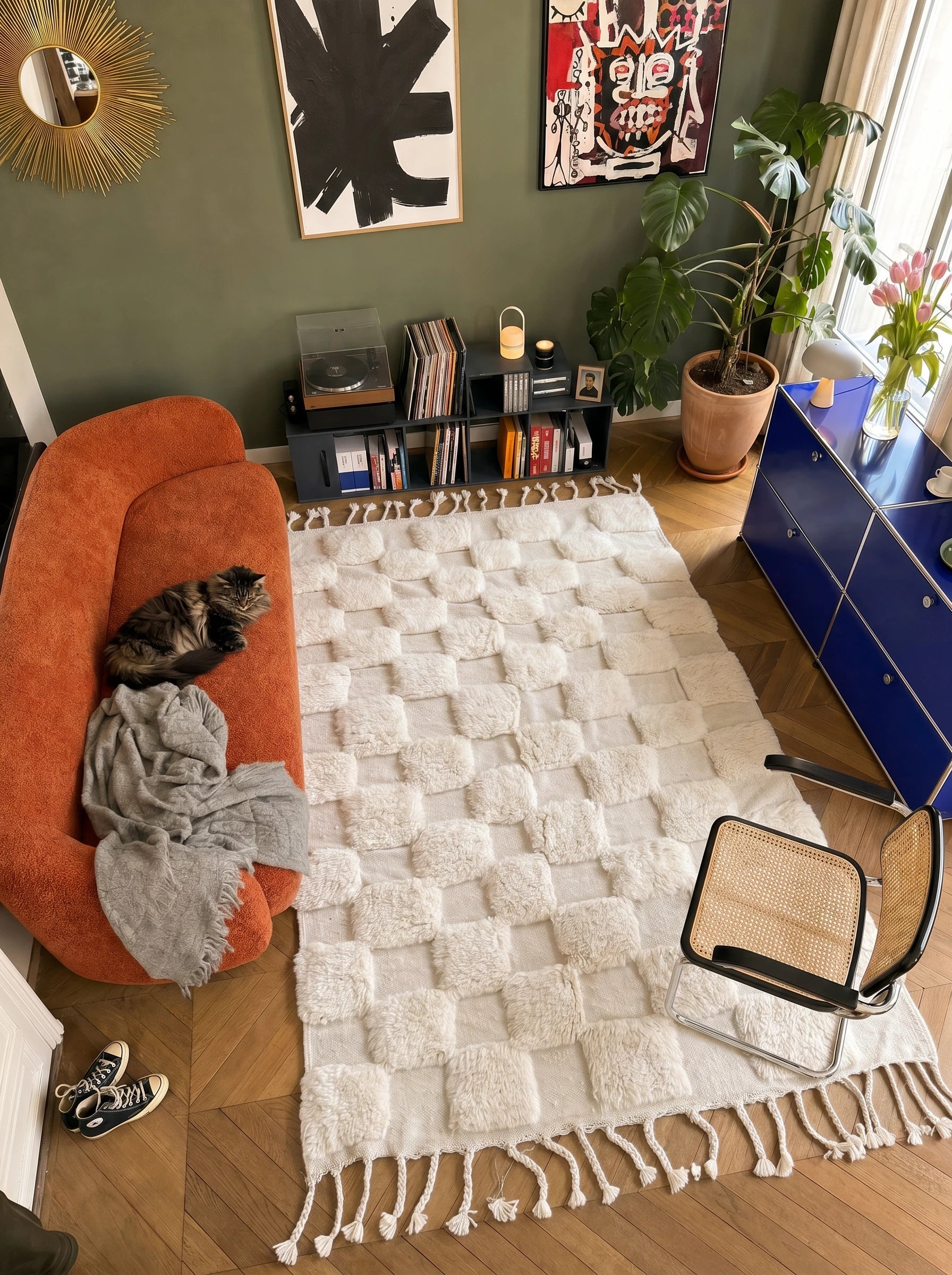 Tappeto Beni Ouarain 142 x 295 cm, tappeto berbero in un salotto, fatto a mano in lana | Tamazi