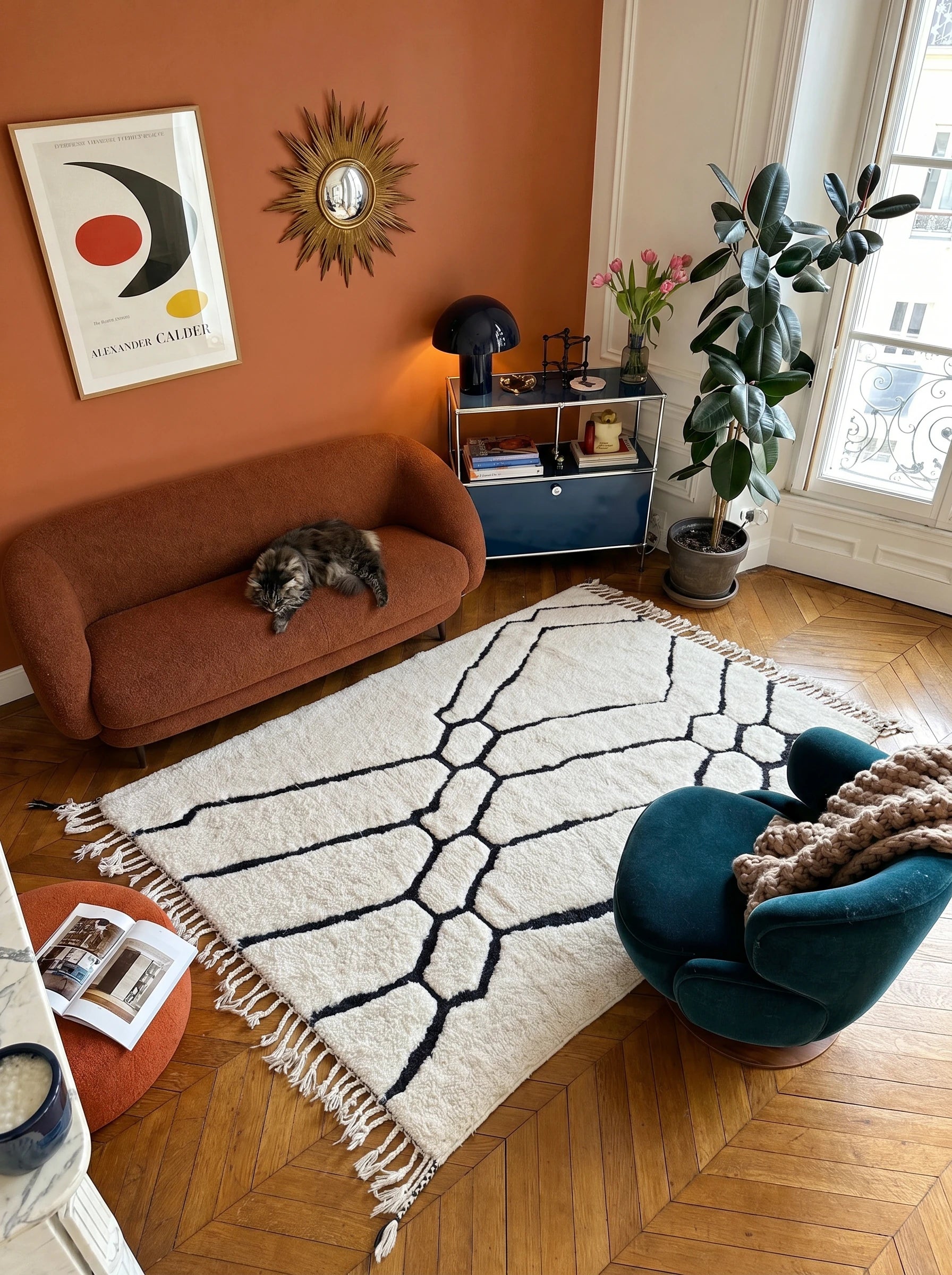 Tappeto Beni Ouarain 153 x 285 cm, tappeto berbero in un salotto, fatto a mano in lana | Tamazi
