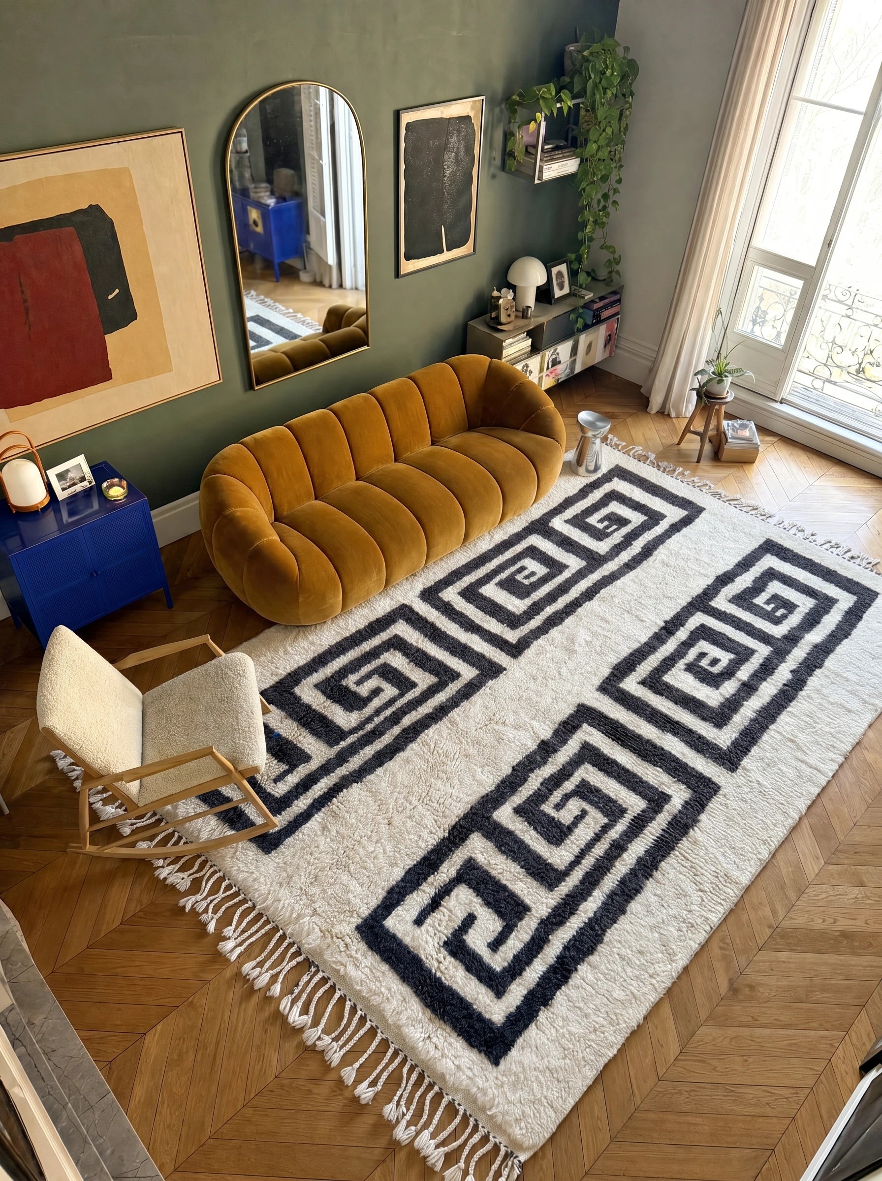 Beni Ouarain rug 200 x 340 cm, Berber rug in a living room setting, handmade in wool | Tamazi