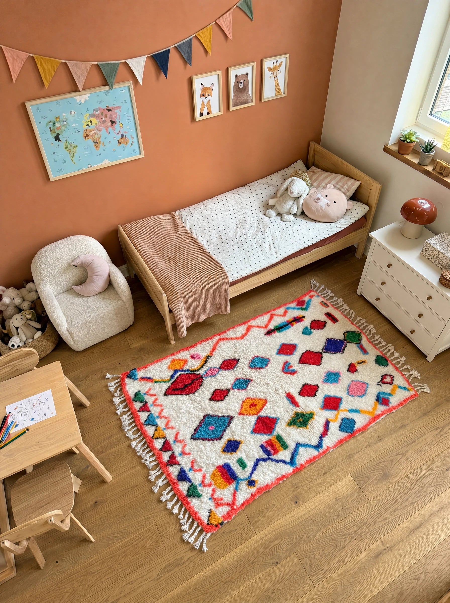 Bunter Berberteppich 104 x 176 cm in einem Wohnzimmer, handgefertigt aus Wolle | Tamazi
