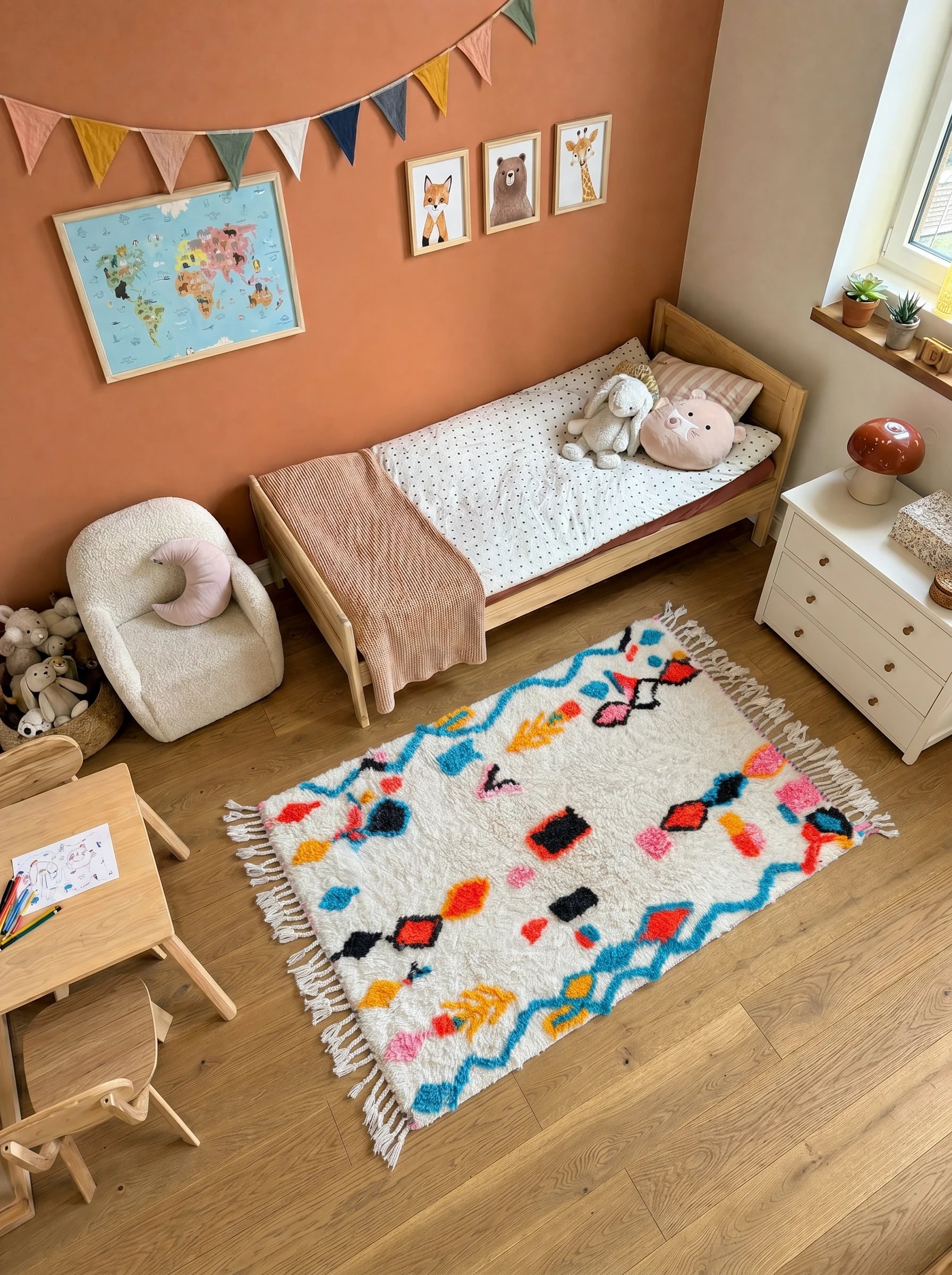 Colorful Berber rug 104 x 180 cm in a living room setting, handmade in wool | Tamazi