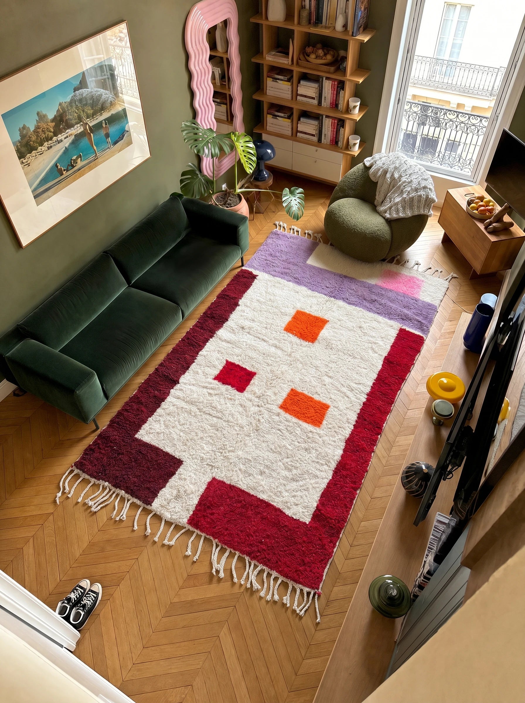 Colorful Berber rug 150 x 305 cm in a living room setting, handmade in wool | Tamazi