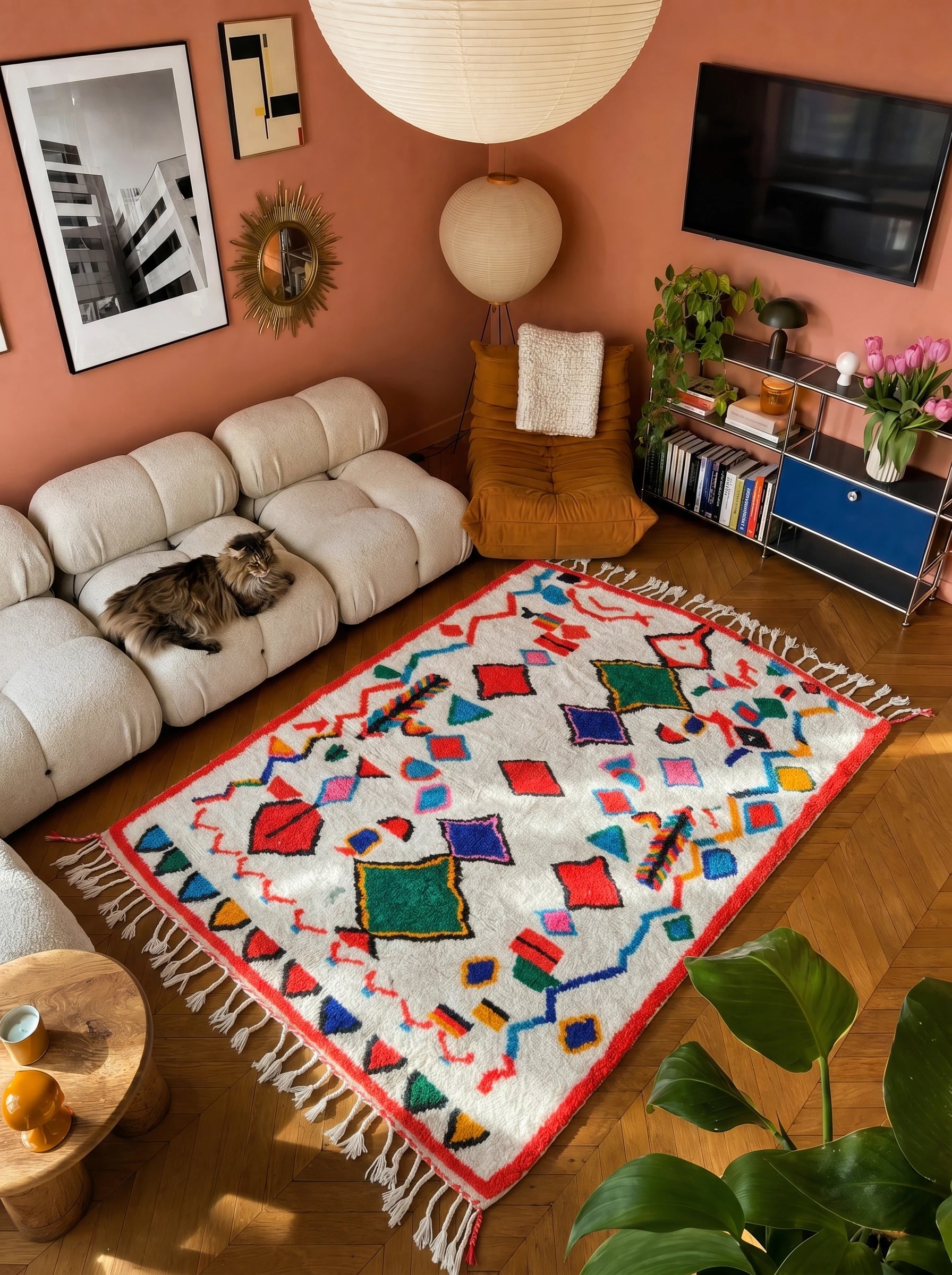 Kleurrijk Berbers tapijt 154 x 241 cm in een woonkamer, handgemaakt van wol | Tamazi