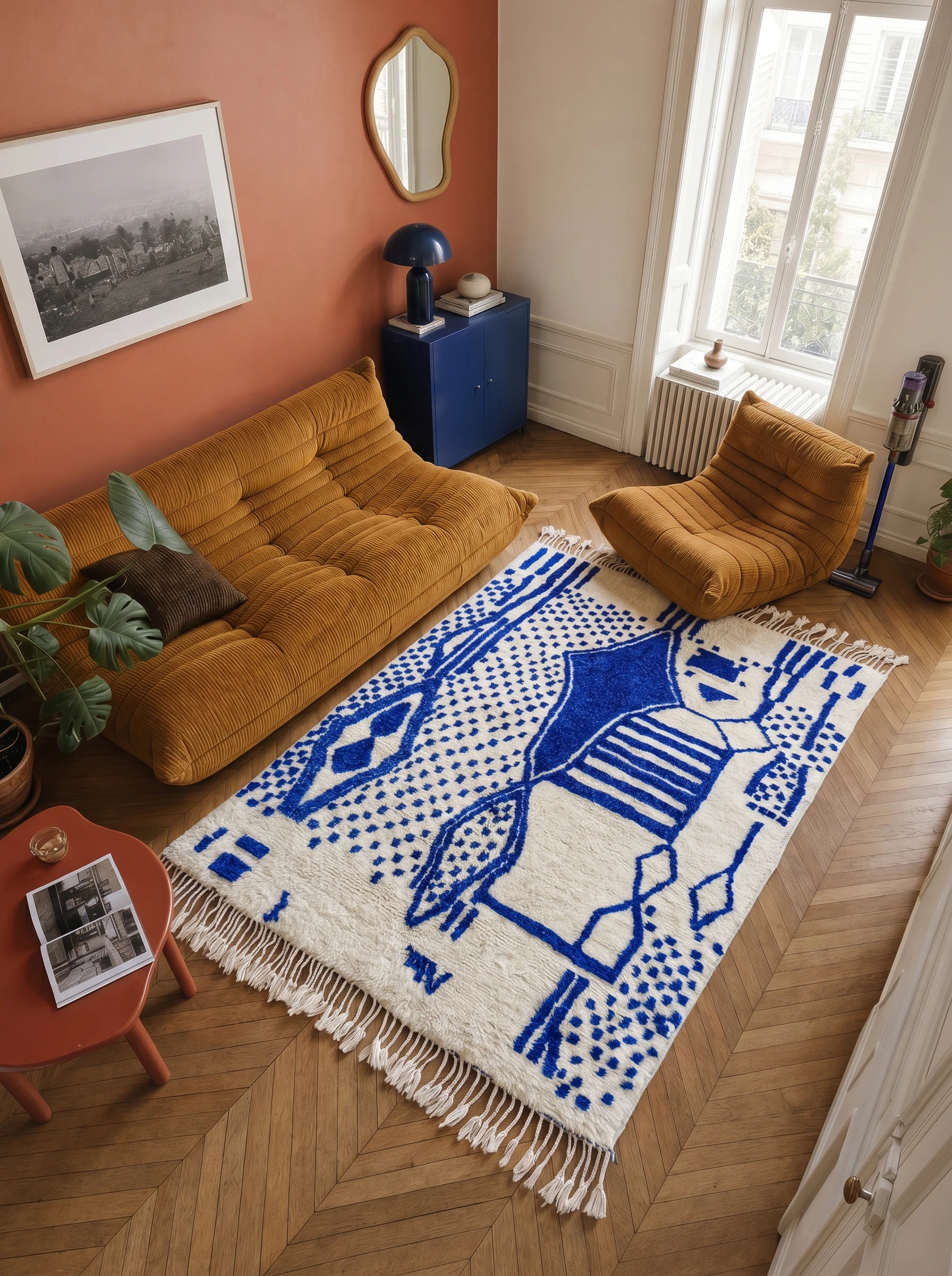 Colorful Berber rug 155 x 225 cm in a living room setting, handmade in wool | Tamazi