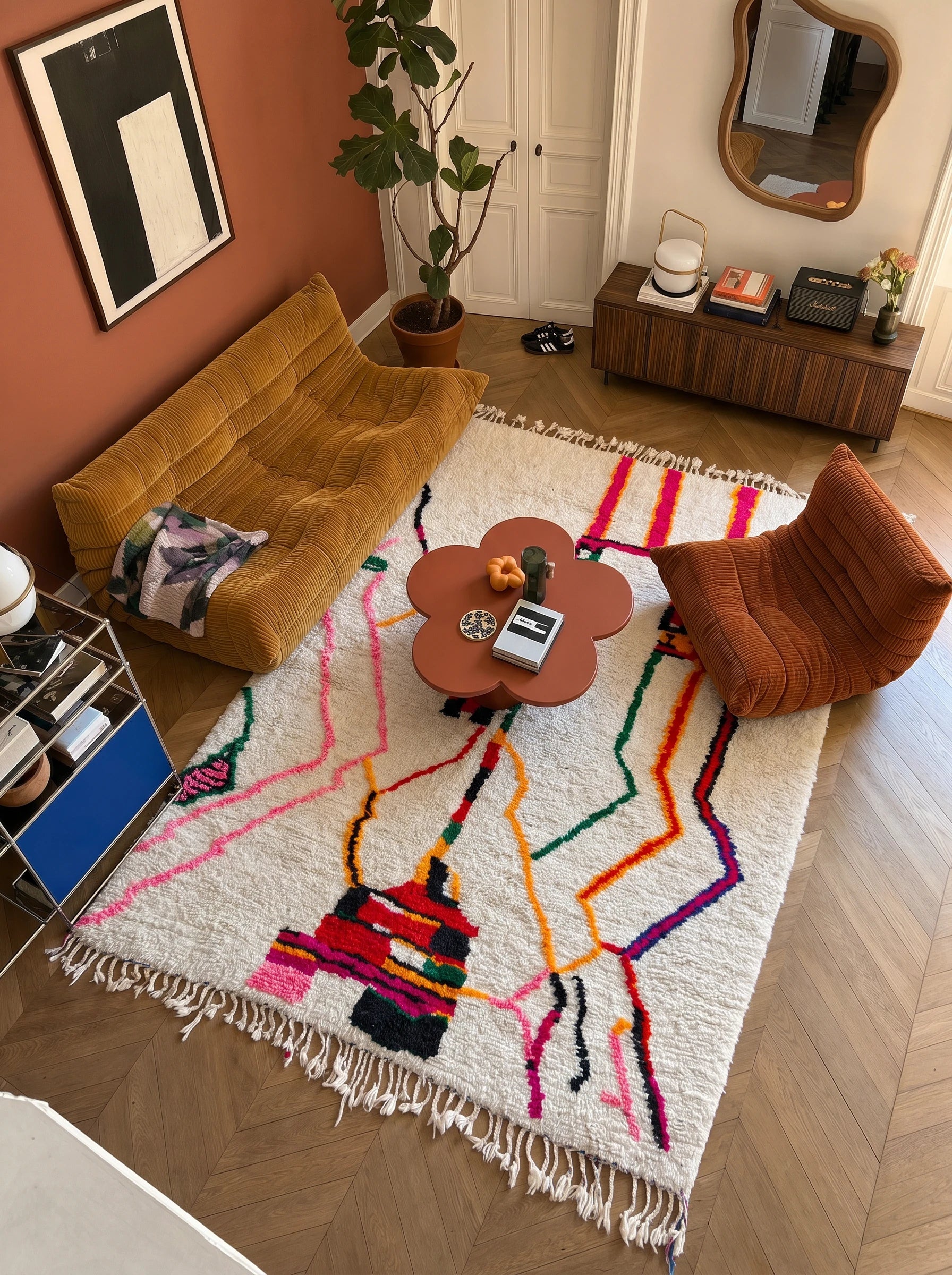 Colorful Berber Rug 185 x 296 cm in a living room setting, handmade in wool | Tamazi