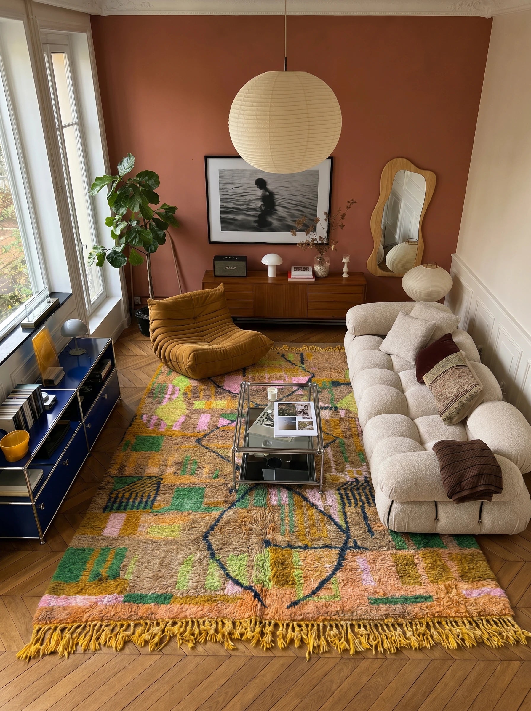 Colorful Berber rug 202 x 321 cm in a living room setting, handmade in wool | Tamazi