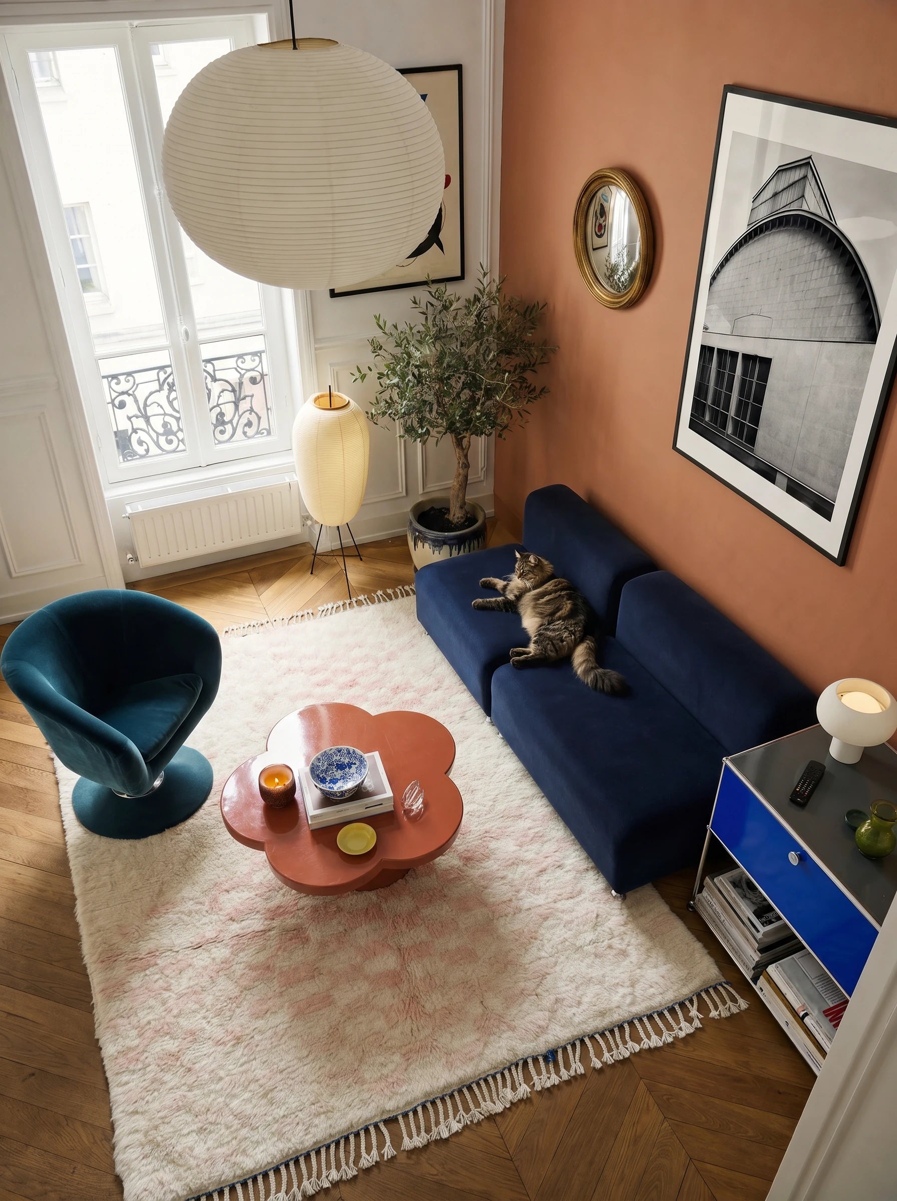 Colorful Berber rug 209 x 310 cm in a living room setting, handmade in wool | Tamazi