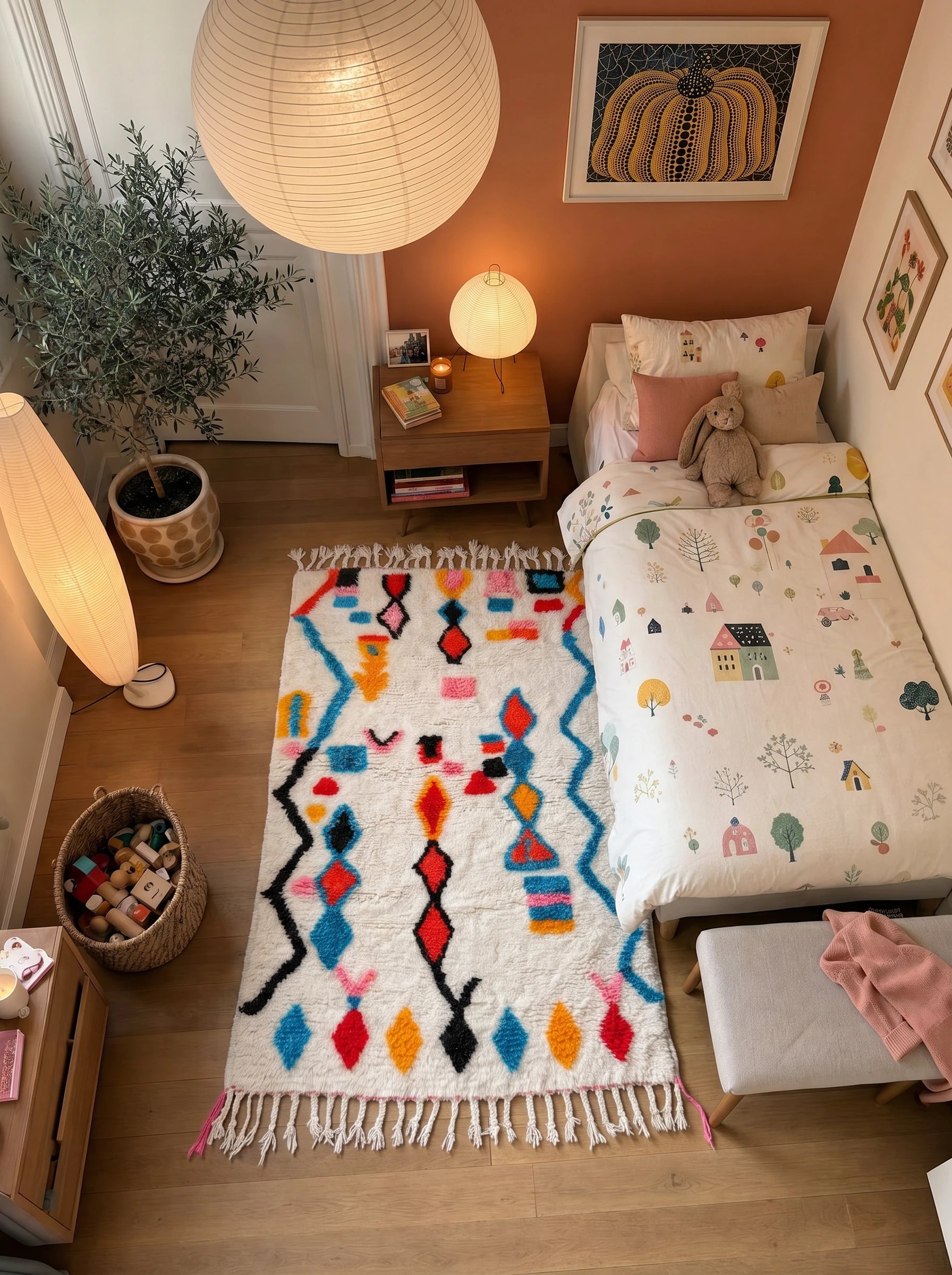 Colorful Berber rug 95 x 168 cm in a living room setting, handmade in wool | Tamazi