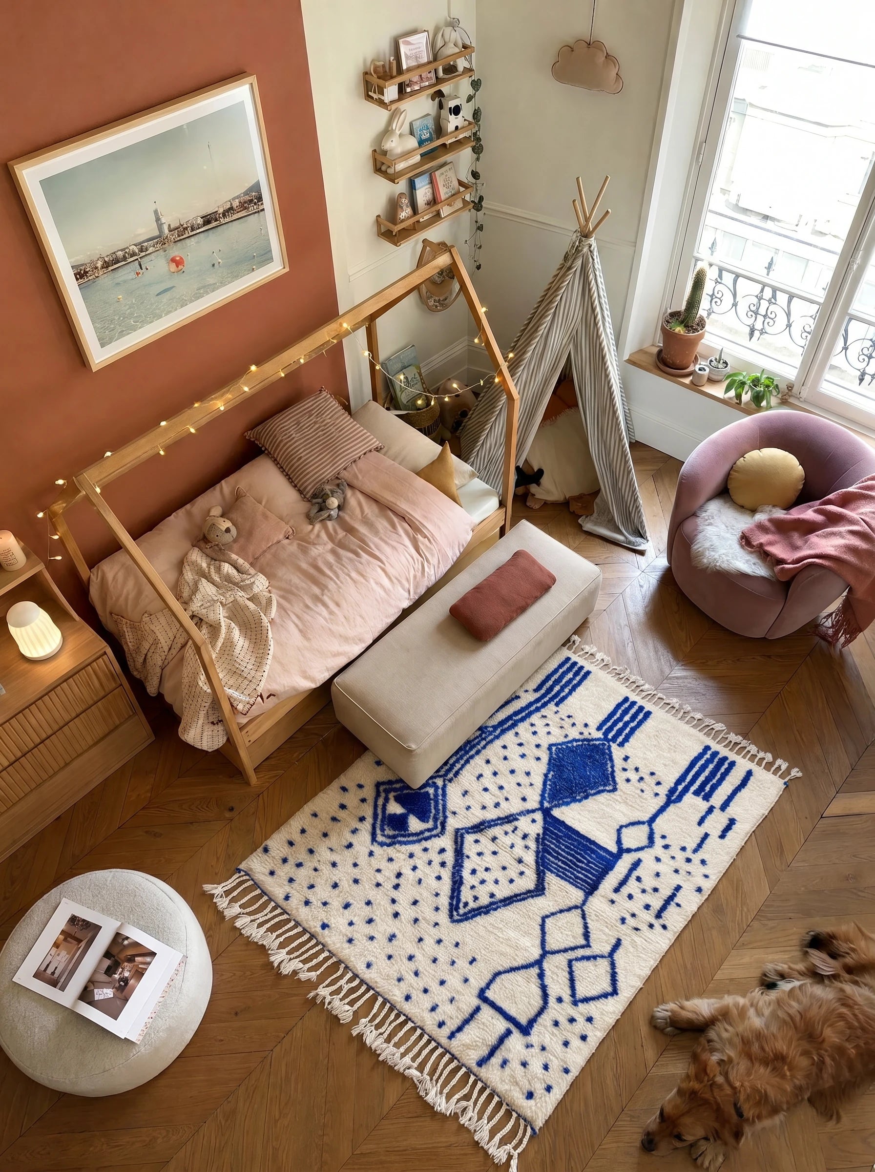 Colorful Berber rug 99 x 180 cm in a living room setting, handmade in wool | Tamazi