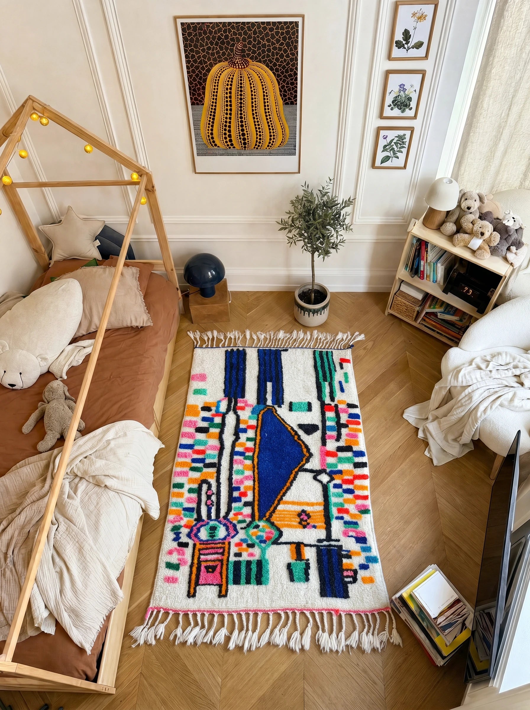 Alfombra bereber de colores 99 x 185 cm en un salón, hecha a mano en lana | Tamazi