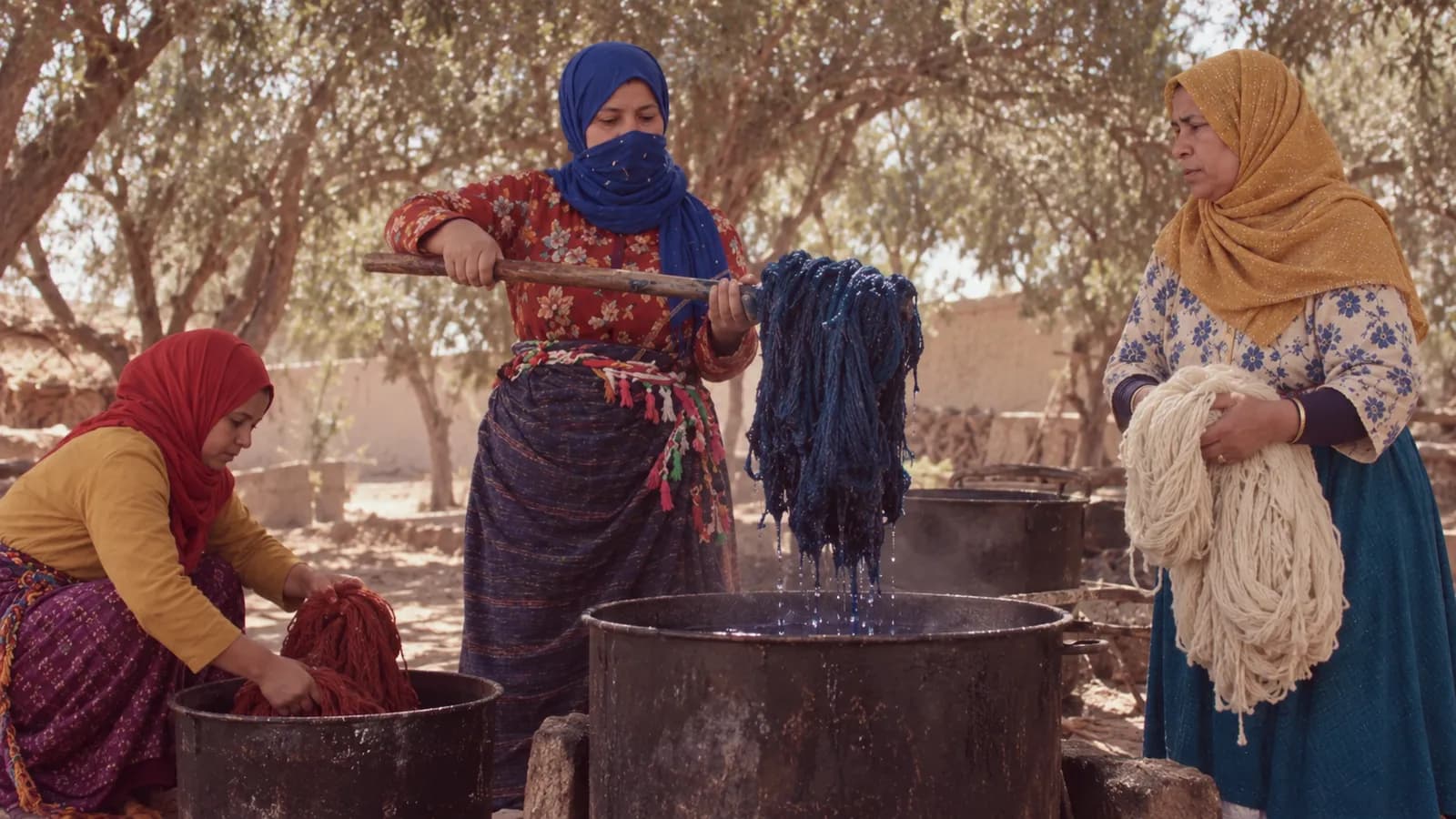 Three Moroccan craftswomen dye skeins of wool in large vats, in the shade of olive trees