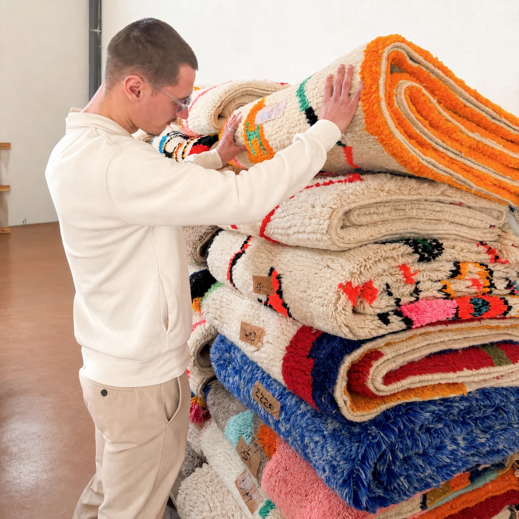 Préparation des tapis dans le showroom Tamazi de Fonbeauzard