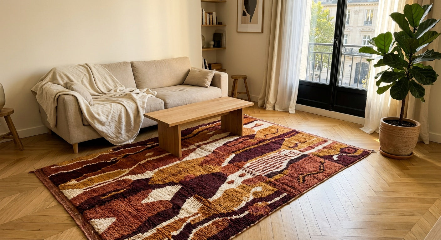 Tapis berbère Mrirt coloré dans un salon français moderne — Beni Ouarain vs Mrirt comparatif