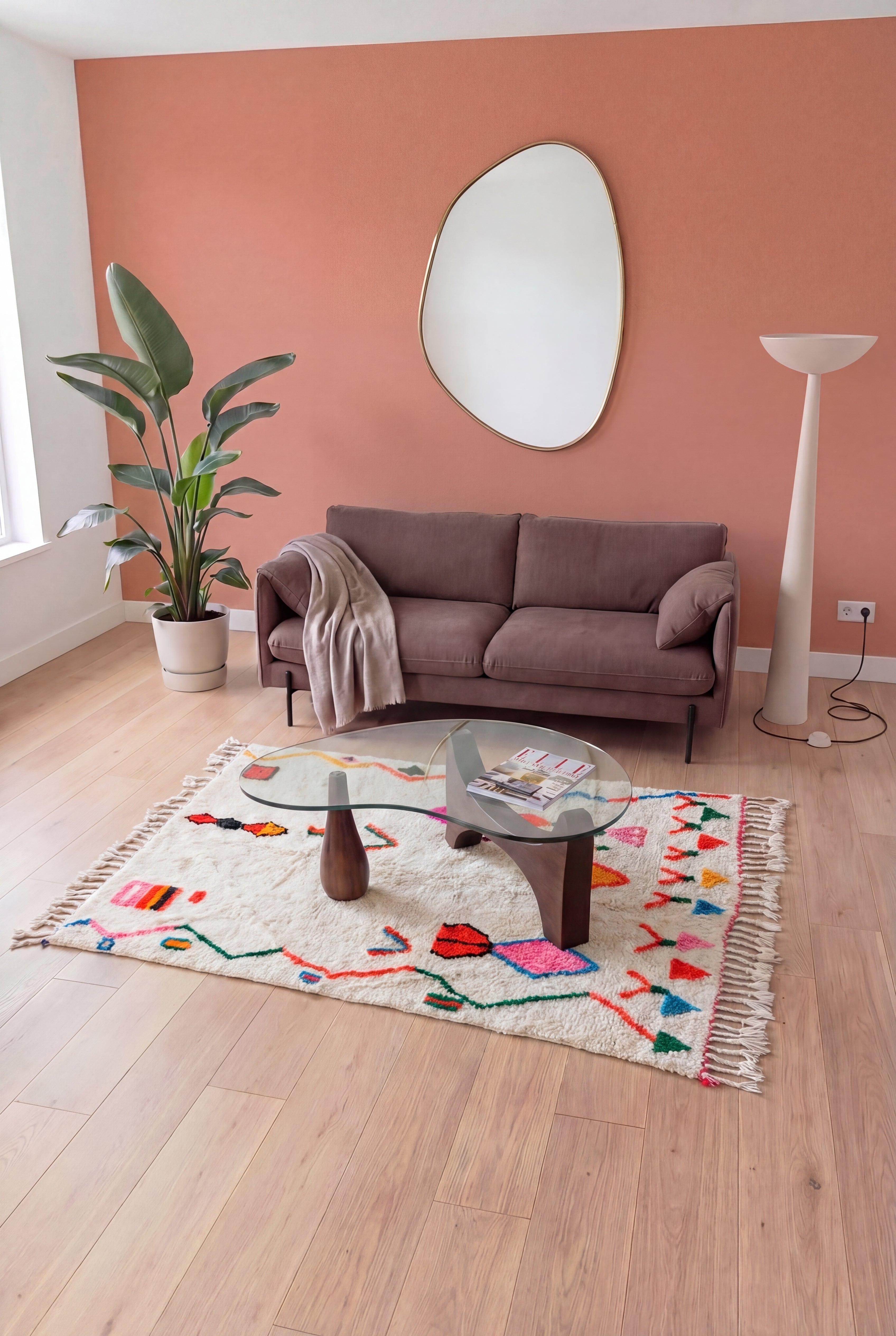 Colorful handmade Azilal Moroccan Berber rug, multicolor wool and cotton, 142x225 cm, n2470 — staged in a contemporary living room | Tamazi