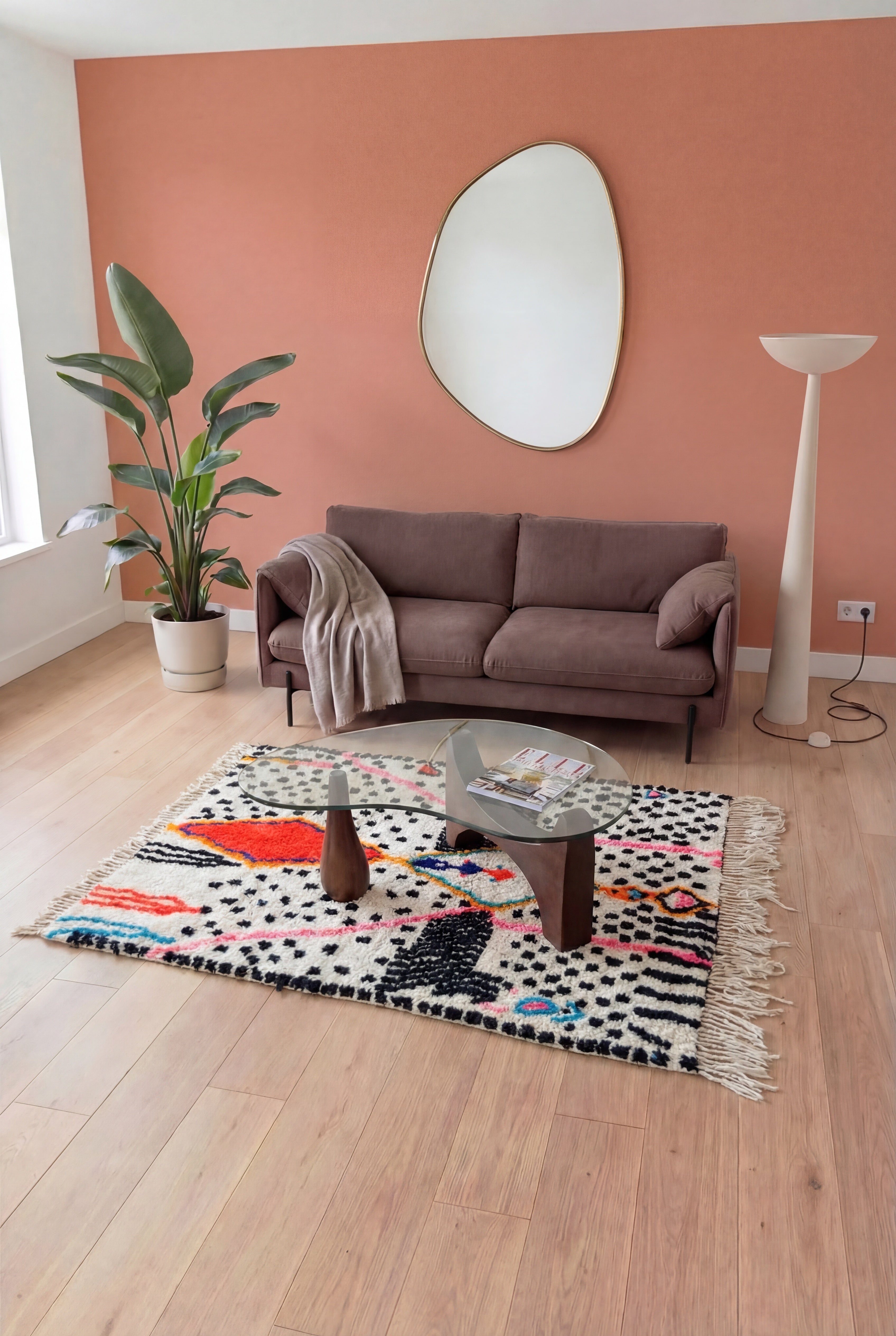 Colorful handmade Azilal Moroccan Berber rug, multicolor wool and cotton, 157x220 cm, n2492 — staged in a contemporary living room | Tamazi