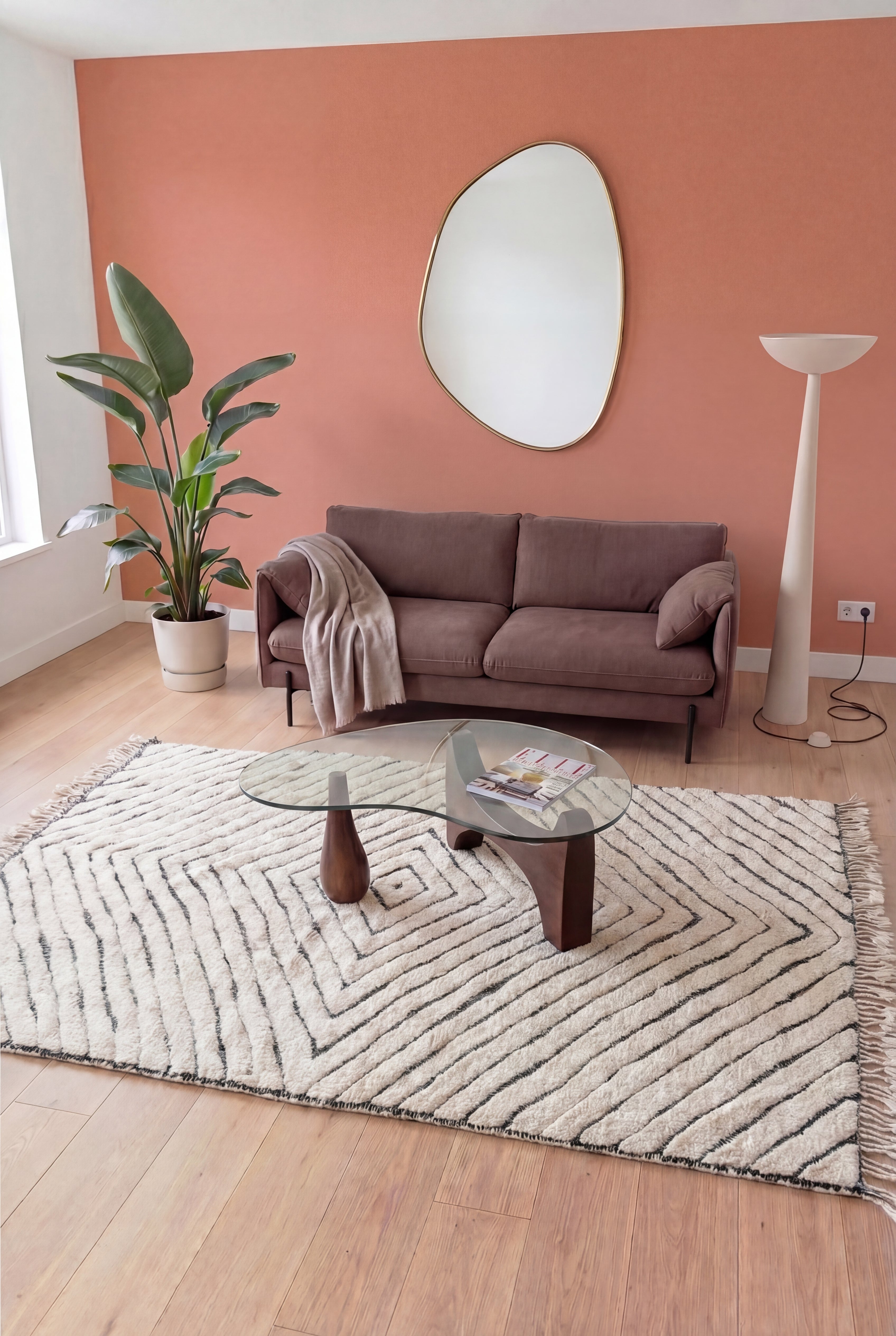 Handgemaakt Marokkaans Beni Ouarain berbertapijt, wit en zwart wol, 195x360 cm, n2501 — gestileerd in een hedendaagse woonkamer | Tamazi