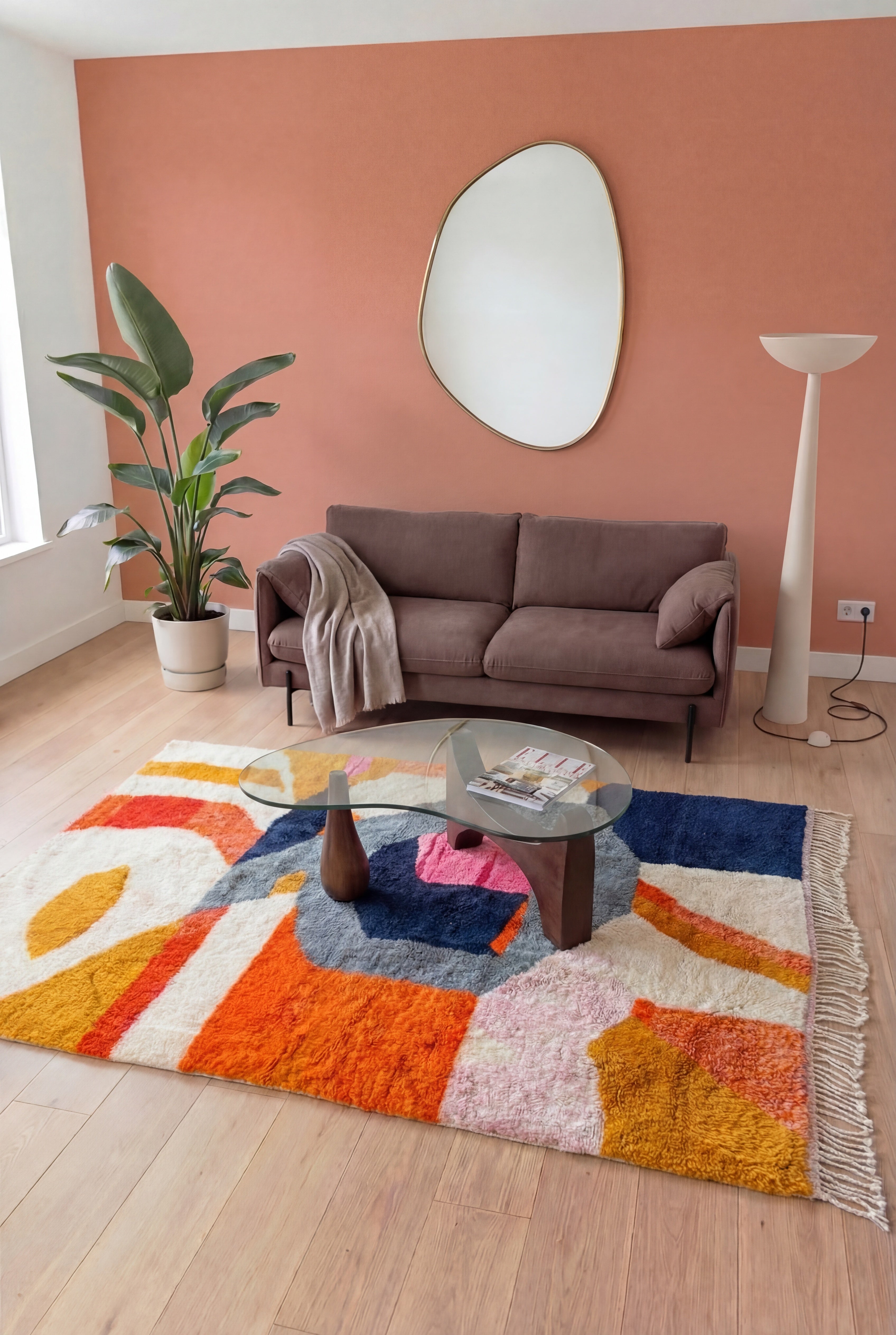 Tapis berbère marocain Mrirt fait main, laine aux tons pastel, 199x323 cm, n2569 — mis en scène dans un salon contemporain | Tamazi