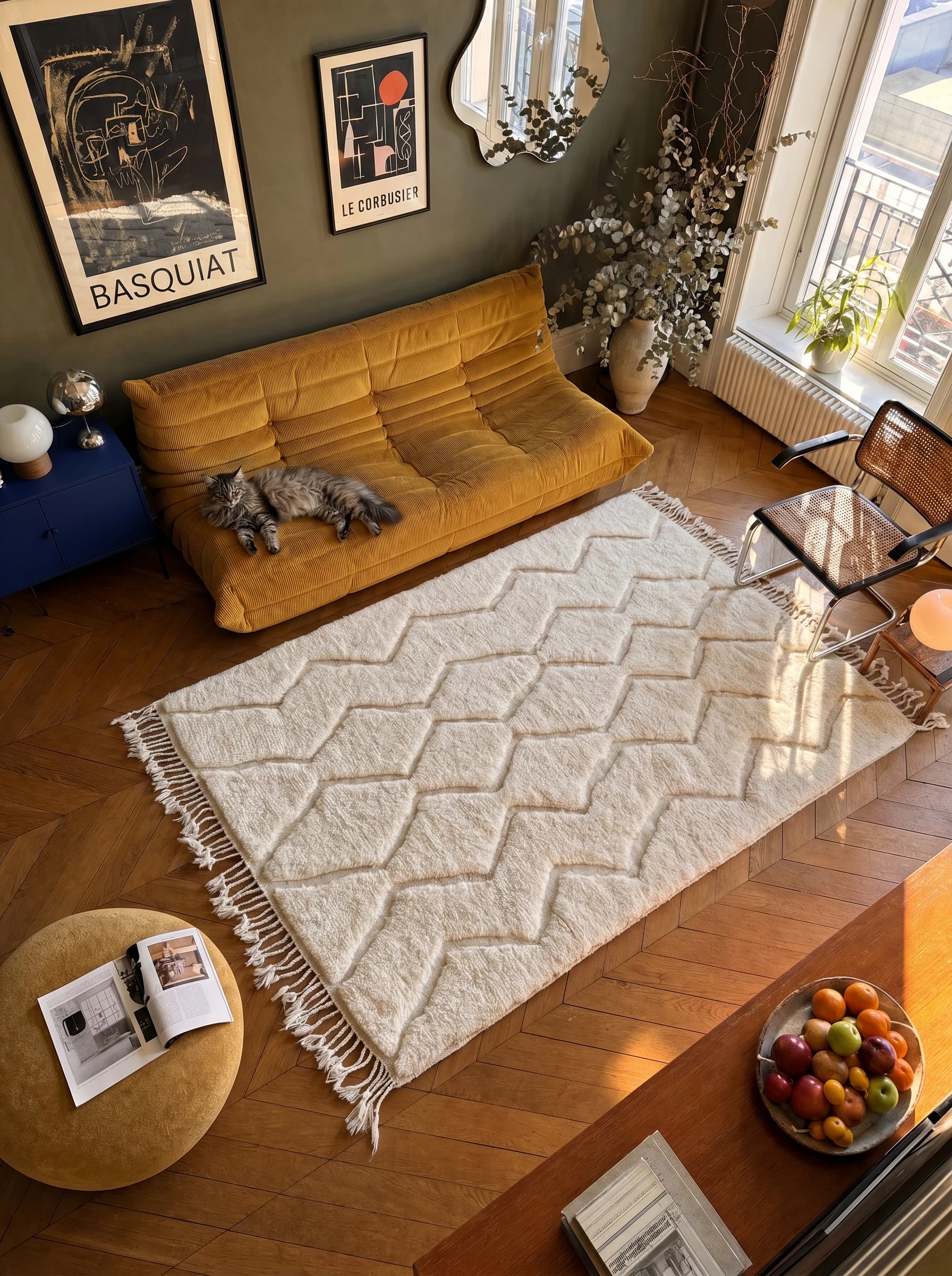 Tappeto Beni Ouarain 153 x 271 cm, tappeto berbero in ambiente in un salotto, fatto a mano in lana | Tamazi