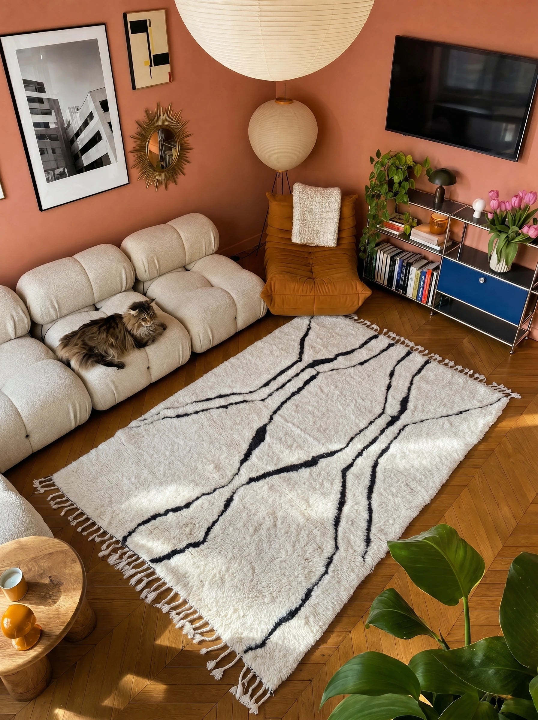 Tappeto Beni Ouarain 160 x 270 cm, tappeto berbero in un salotto, fatto a mano in lana | Tamazi
