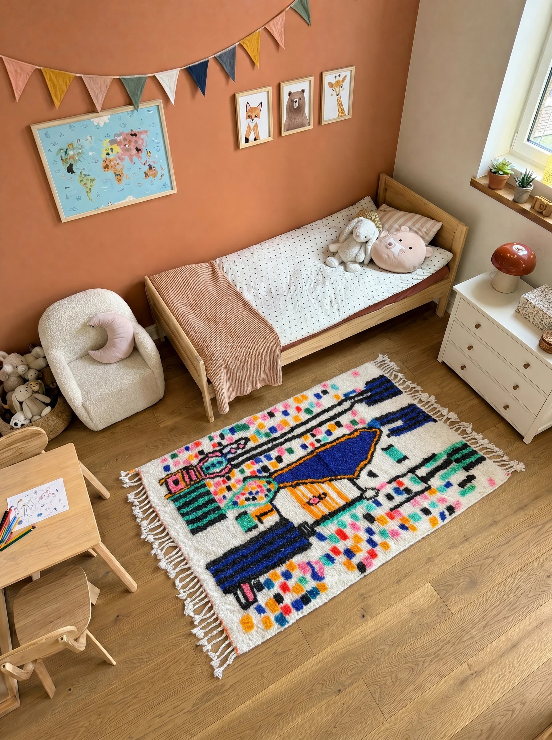Kleurrijk Berbers tapijt 102 x 171 cm in een woonkamer, handgemaakt van wol | Tamazi