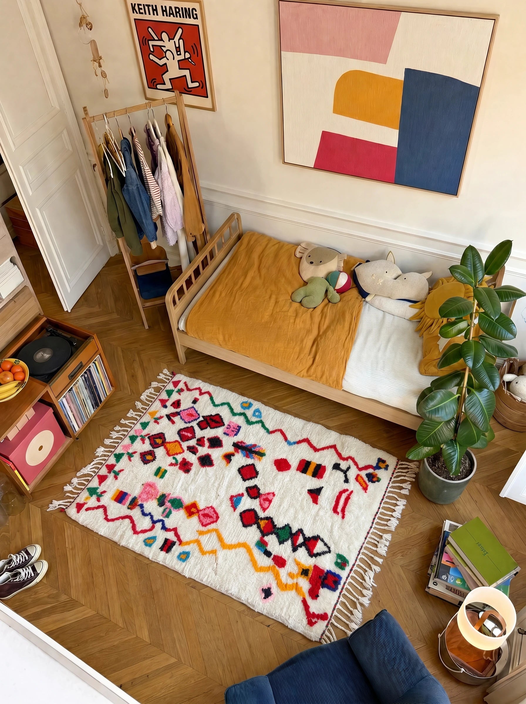 Colorful Berber rug 106 x 204 cm in a living room setting, handmade in wool | Tamazi