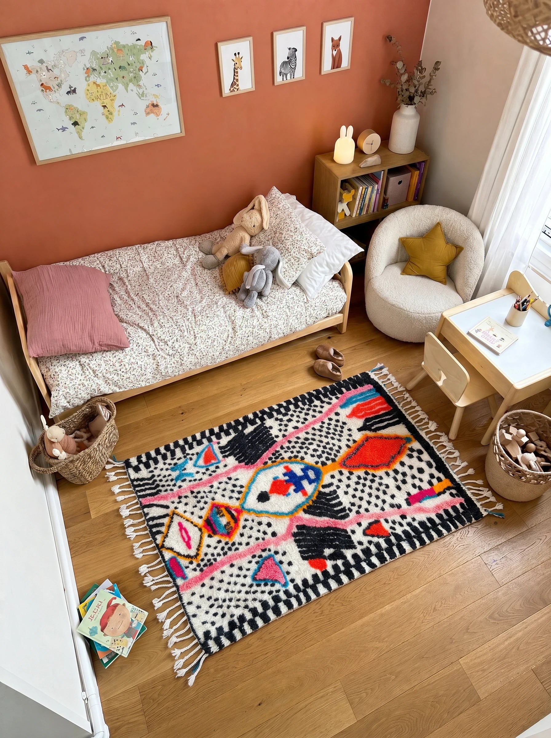 Colorful Berber rug 125 x 201 cm in a living room setting, handmade in wool | Tamazi