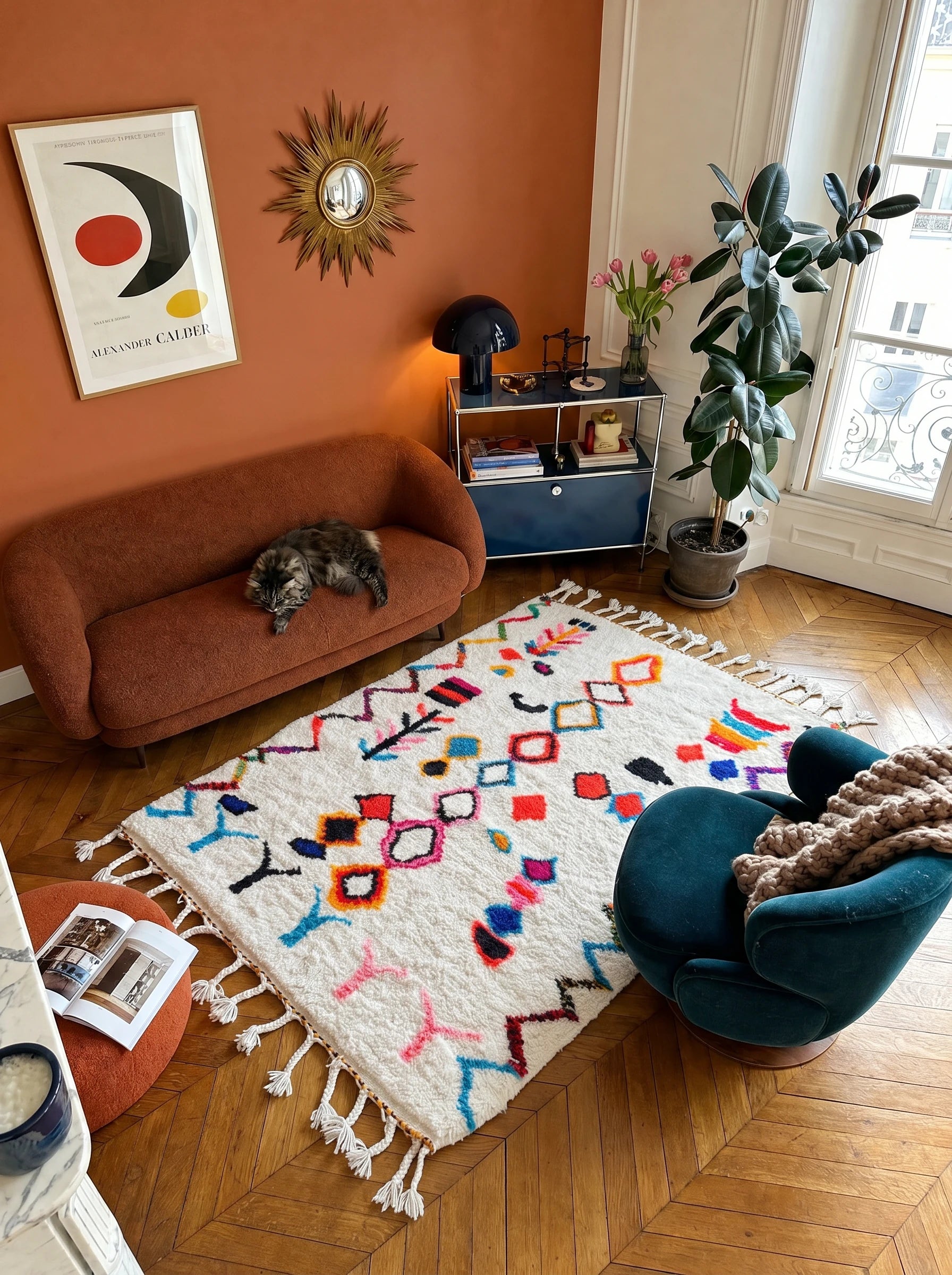 Kleurrijk Berbers tapijt 142 x 240 cm in een woonkamer, handgemaakt van wol | Tamazi