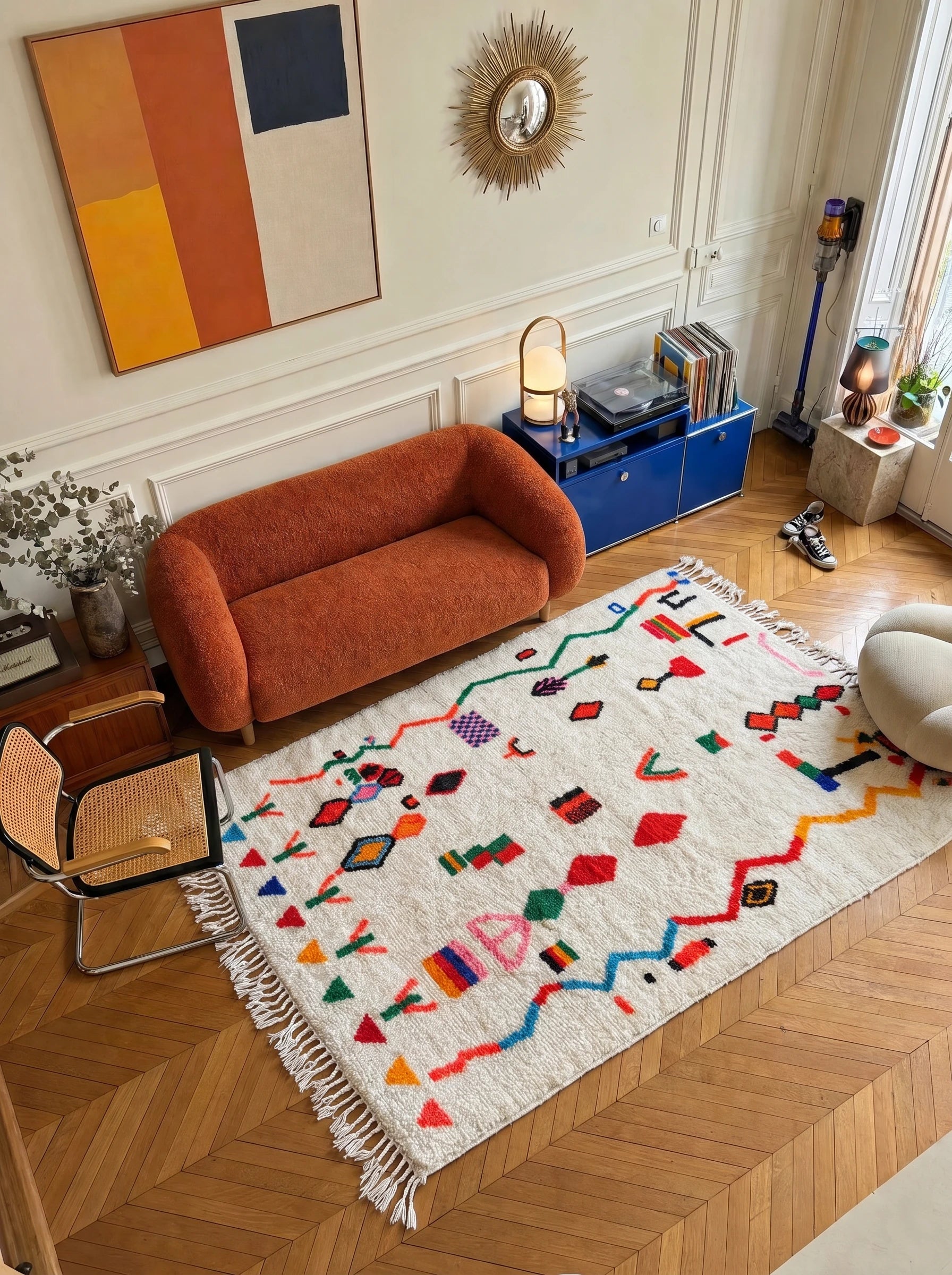 Kleurrijk Berbers tapijt 147 x 276 cm in een woonkamer, handgemaakt van wol | Tamazi