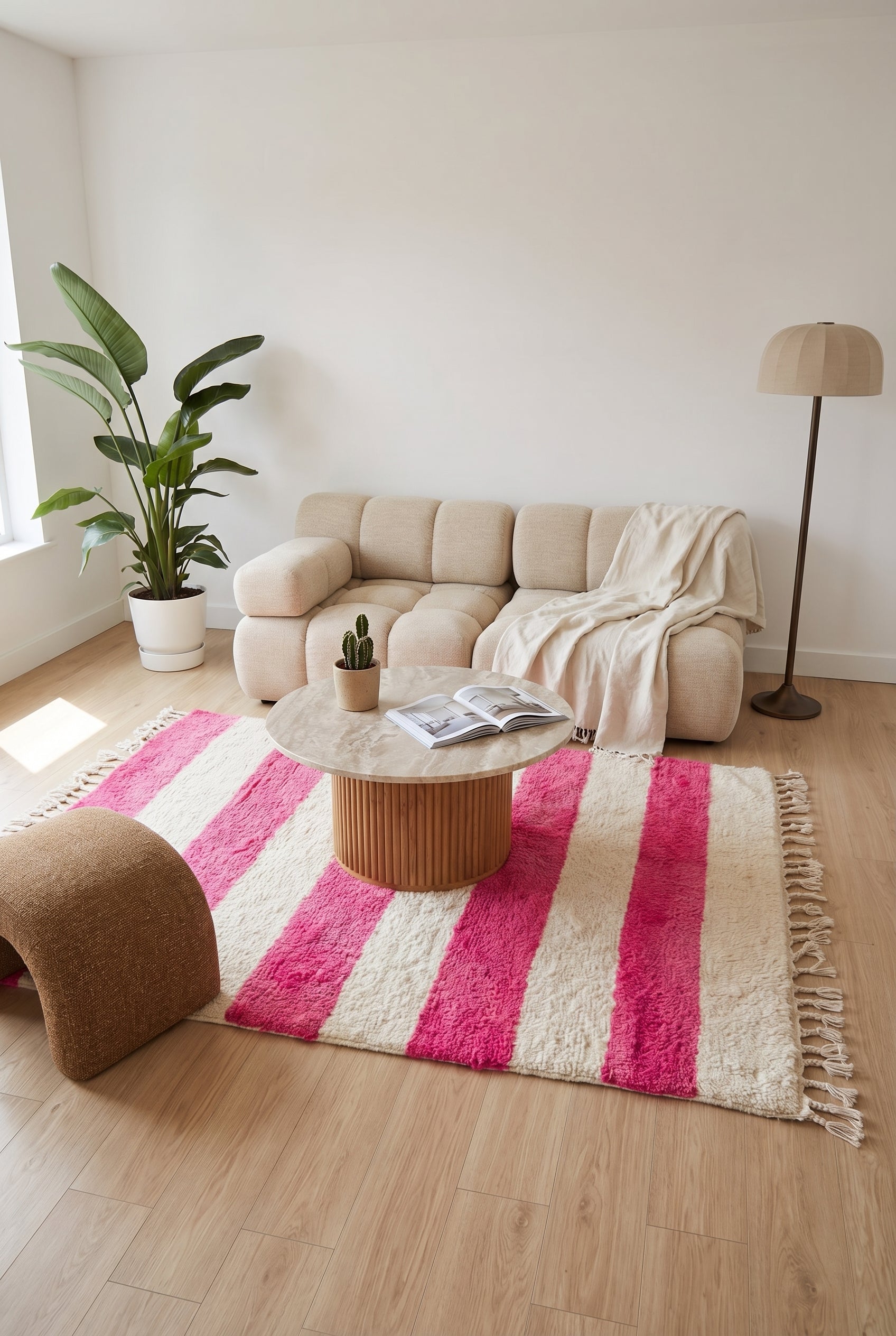 Tapis berbère coloré à rayures roses 149 x 262 cm posé dans un salon moderne avec canapé et table basse