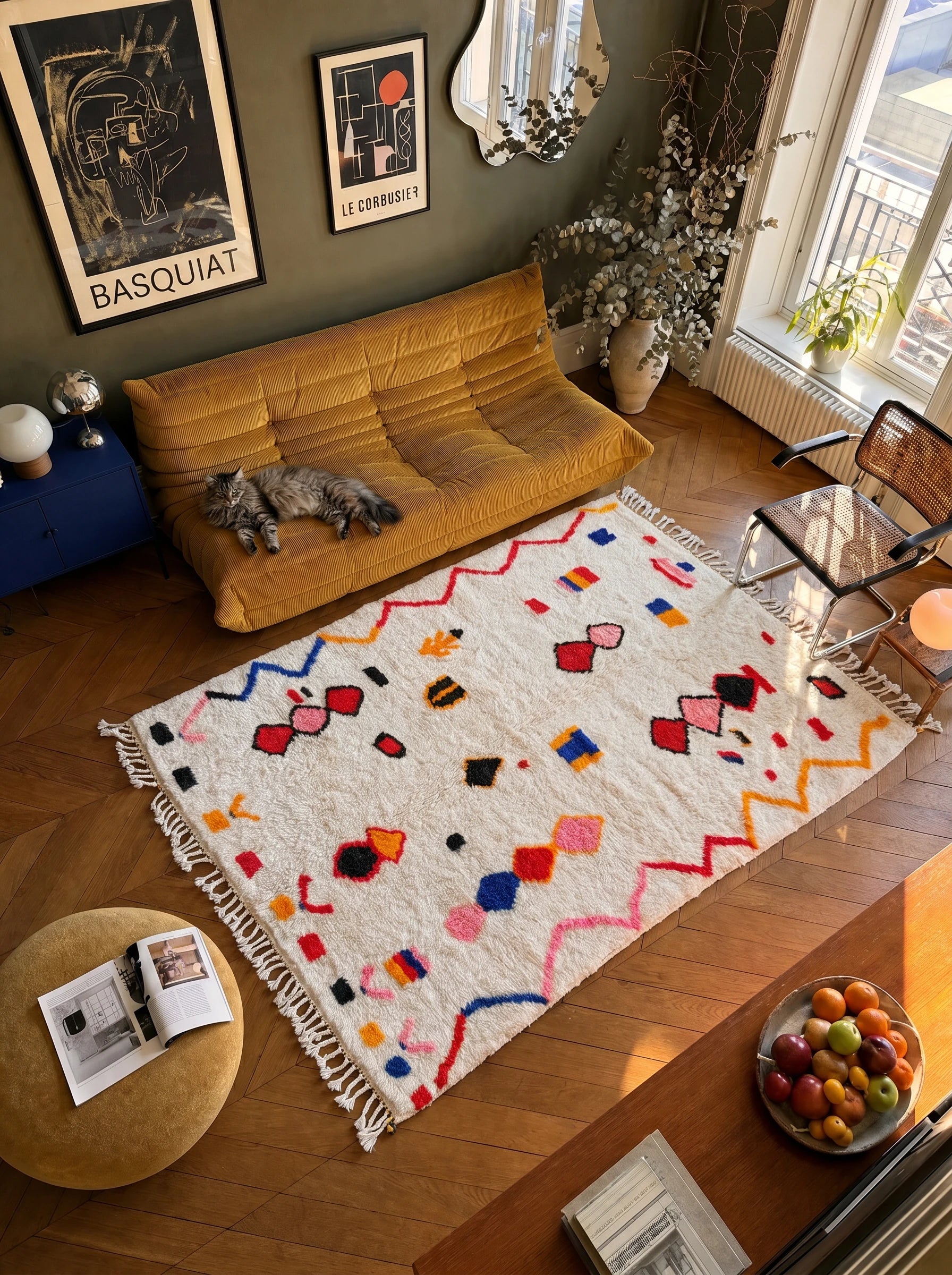 Tapis berbère coloré 150 x 257 cm en situation dans un salon, fait main en laine | Tamazi