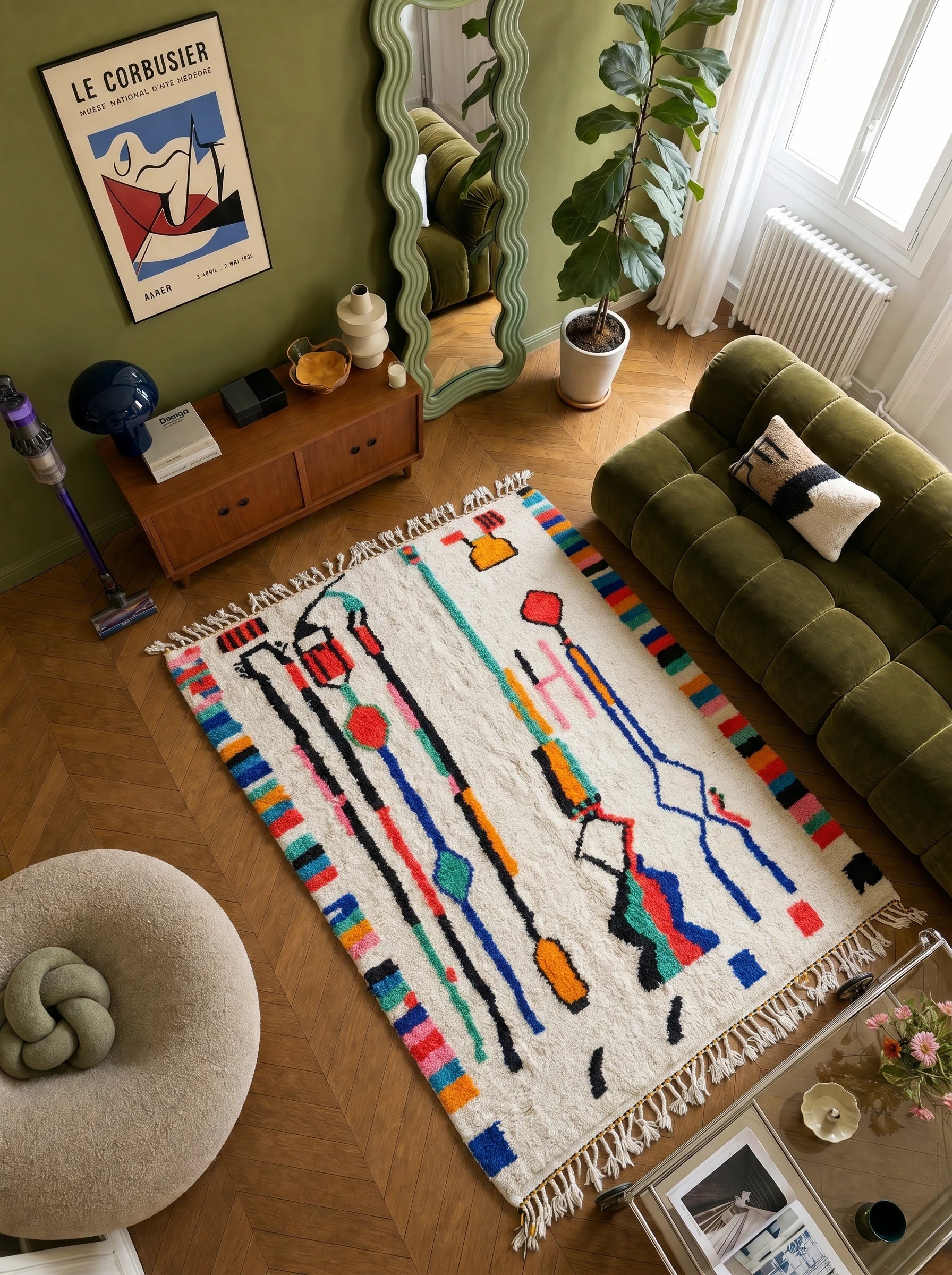 Kleurrijk Berbers tapijt 155 x 277 cm in een woonkamer, handgemaakt van wol | Tamazi