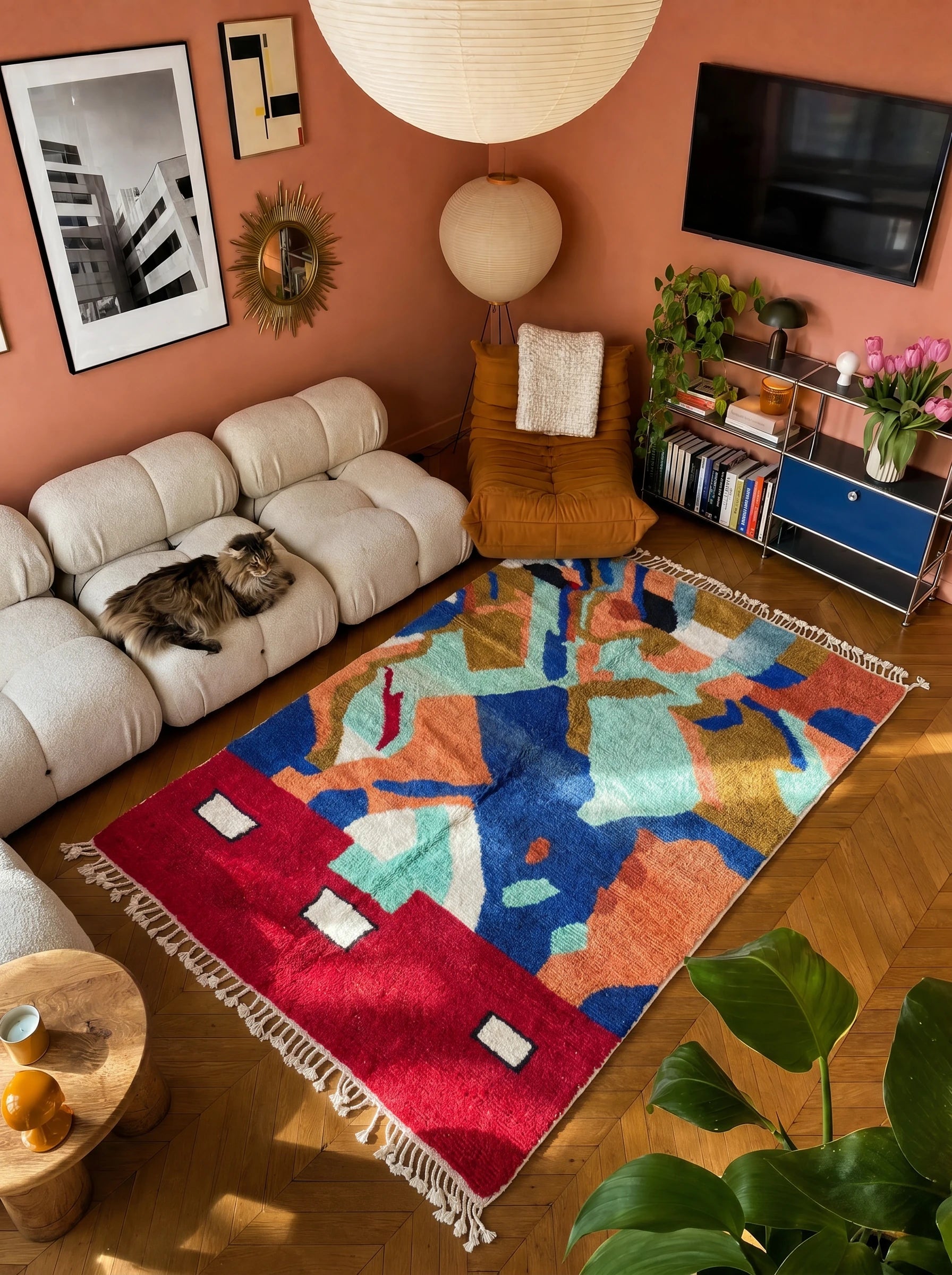 Colorful Berber rug 181 x 285 cm in a living room setting, handmade in wool | Tamazi