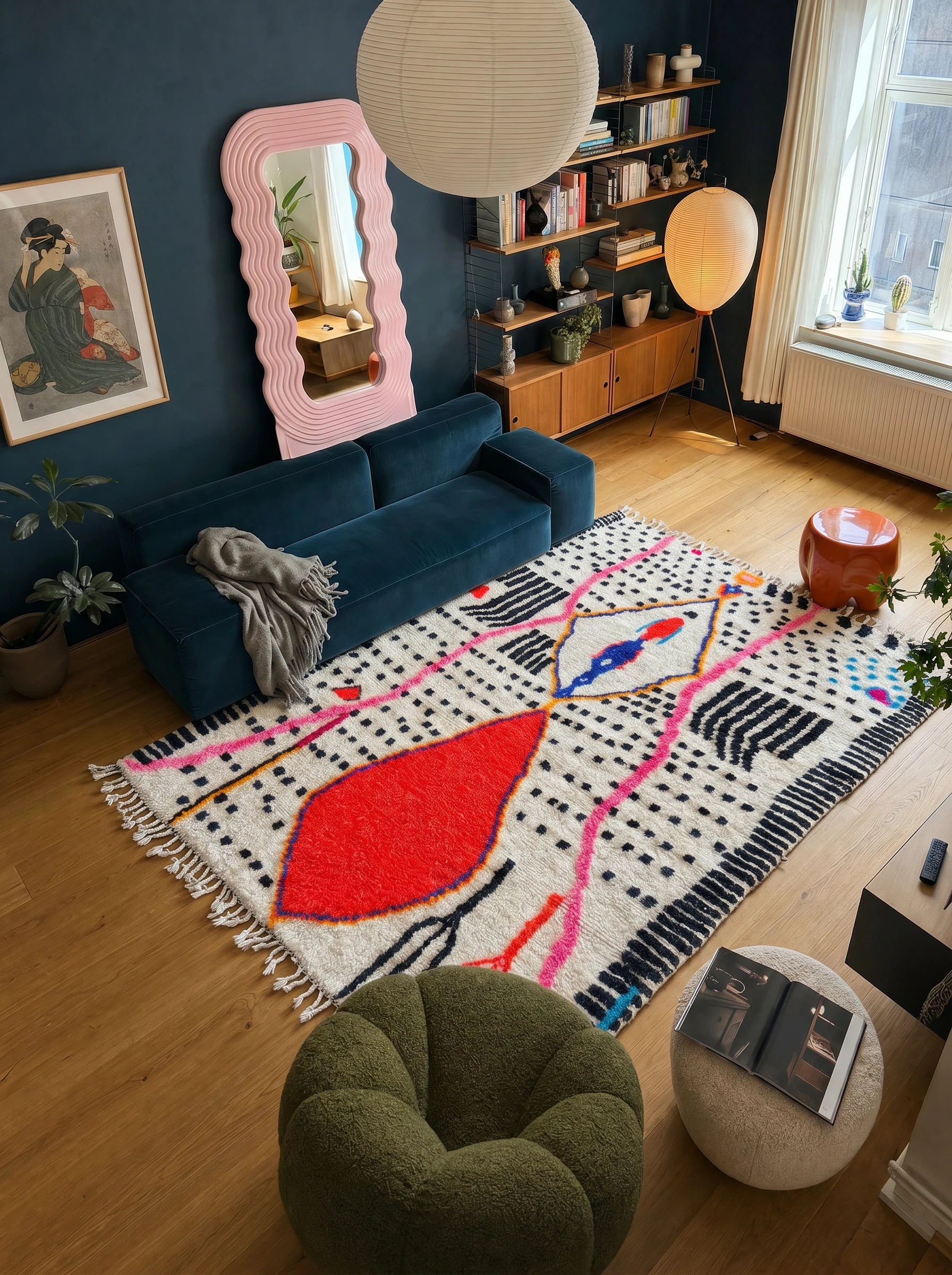 Colorful Berber rug 191 x 315 cm in a living room setting, handmade in wool | Tamazi