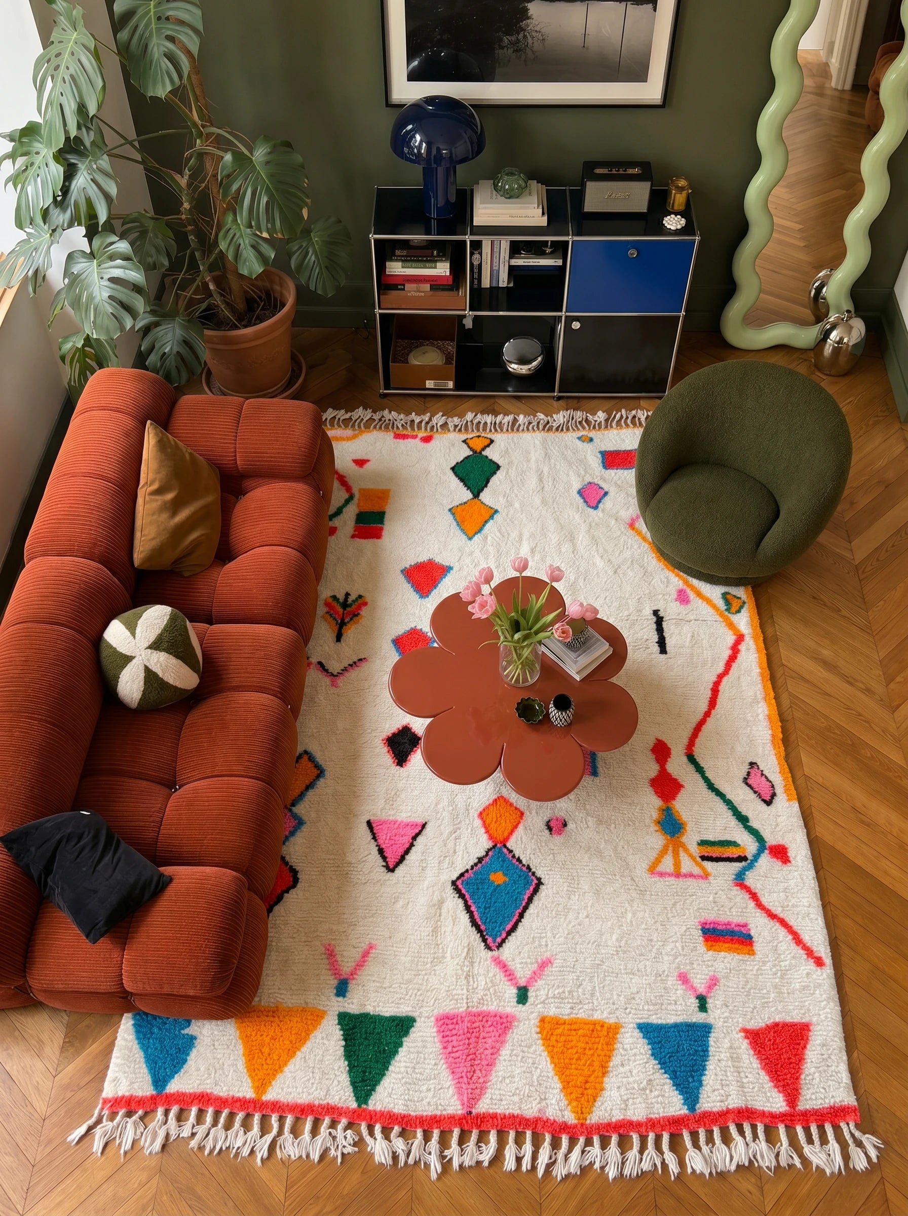 Colorful Berber rug 192 x 310 cm in a living room setting, handmade in wool | Tamazi