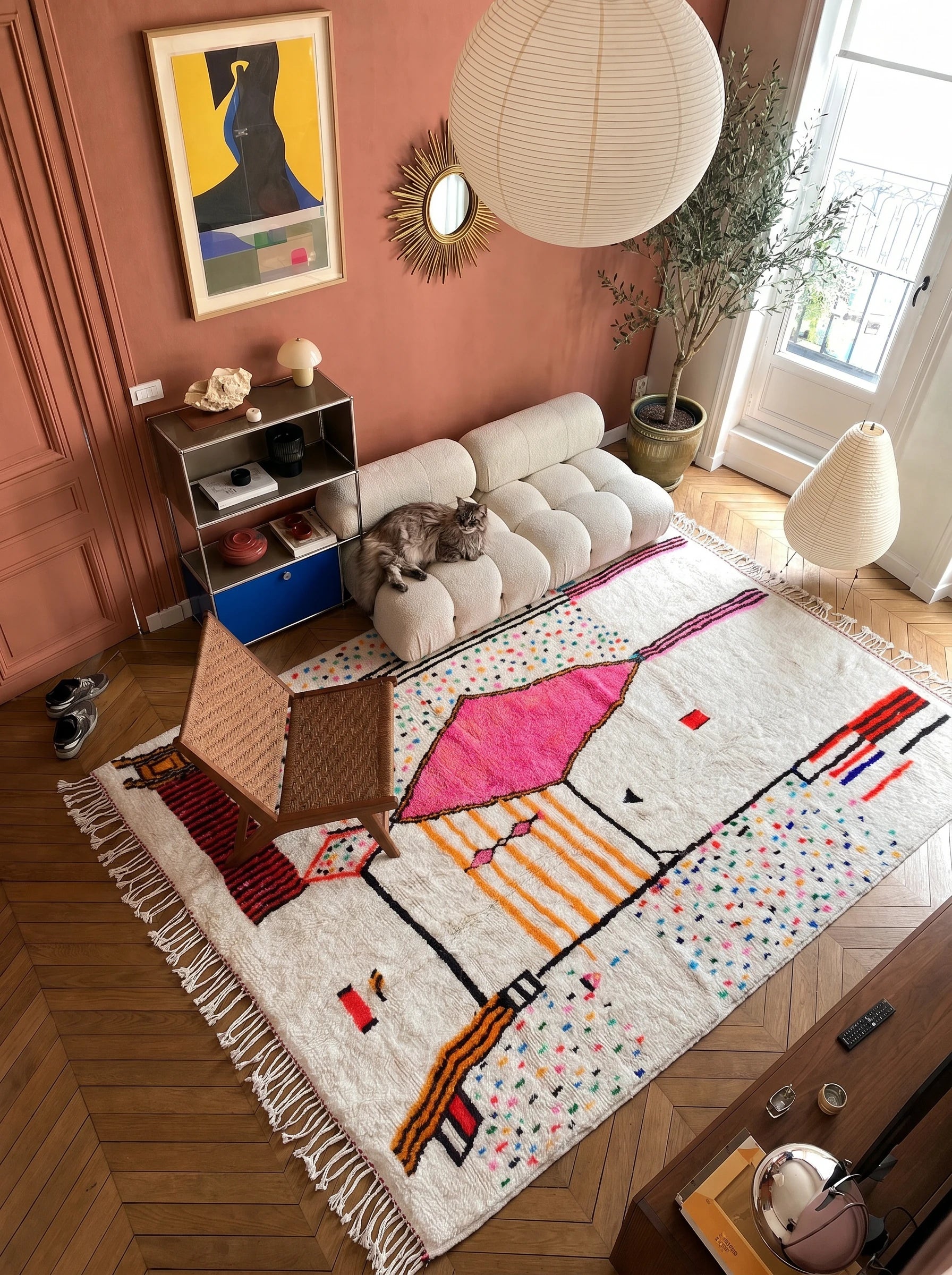Colorful Berber rug 255 x 362 cm in a living room setting, handmade in wool | Tamazi