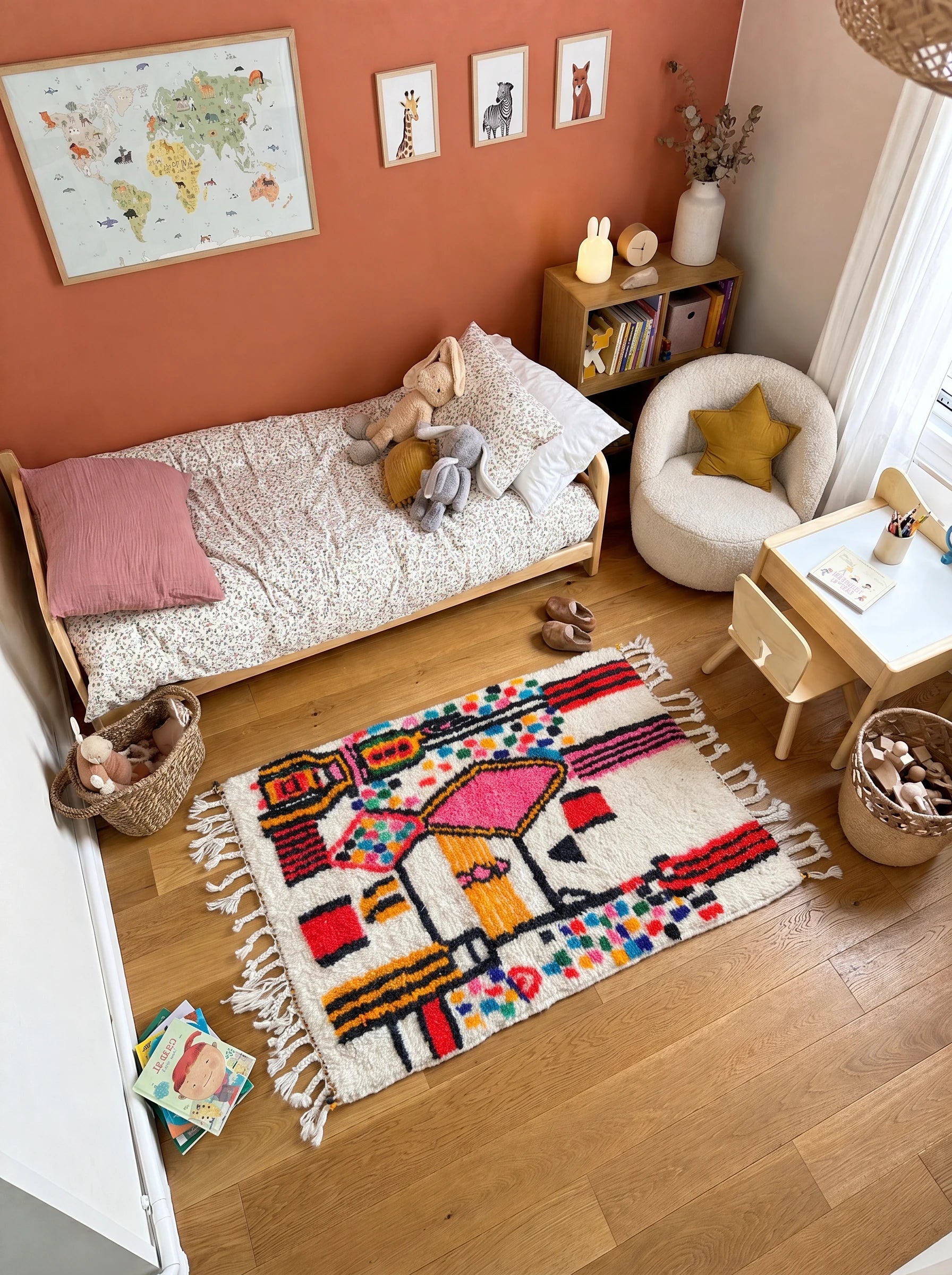 Tapis berbère coloré 88 x 131 cm en situation dans un salon, fait main en laine | Tamazi