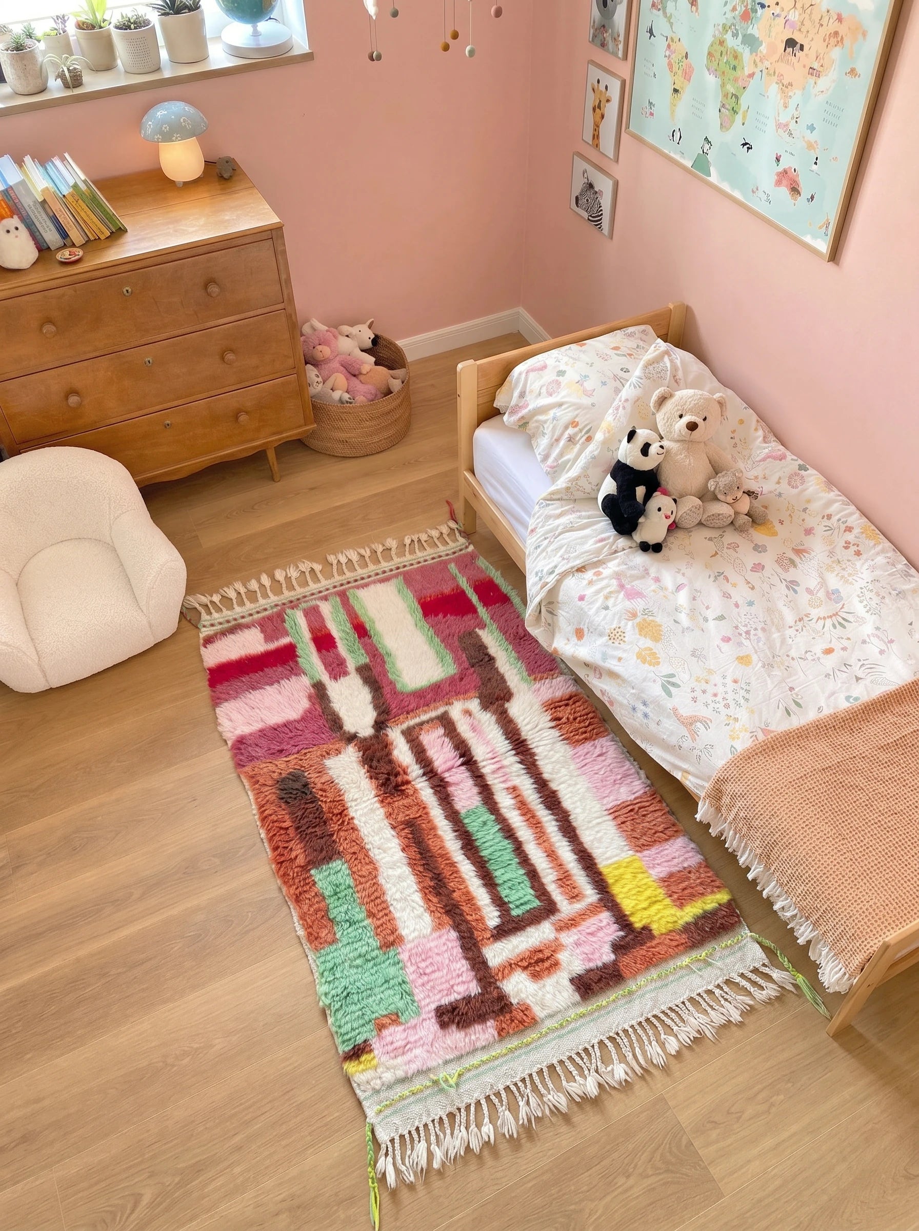 Colorful Berber rug 96 x 168 cm in a living room setting, handmade in wool | Tamazi