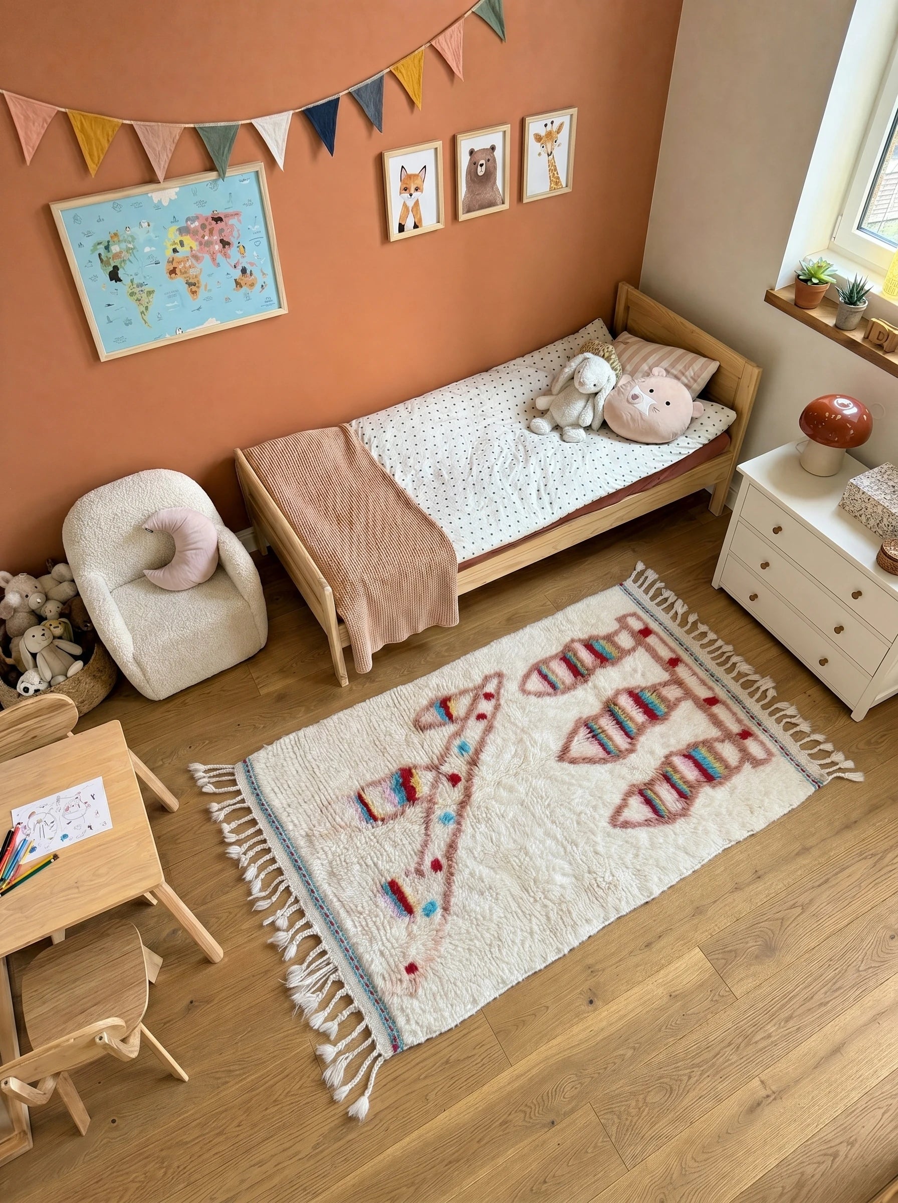 Colorful Berber rug 99 x 165 cm in a living room setting, handmade in wool | Tamazi